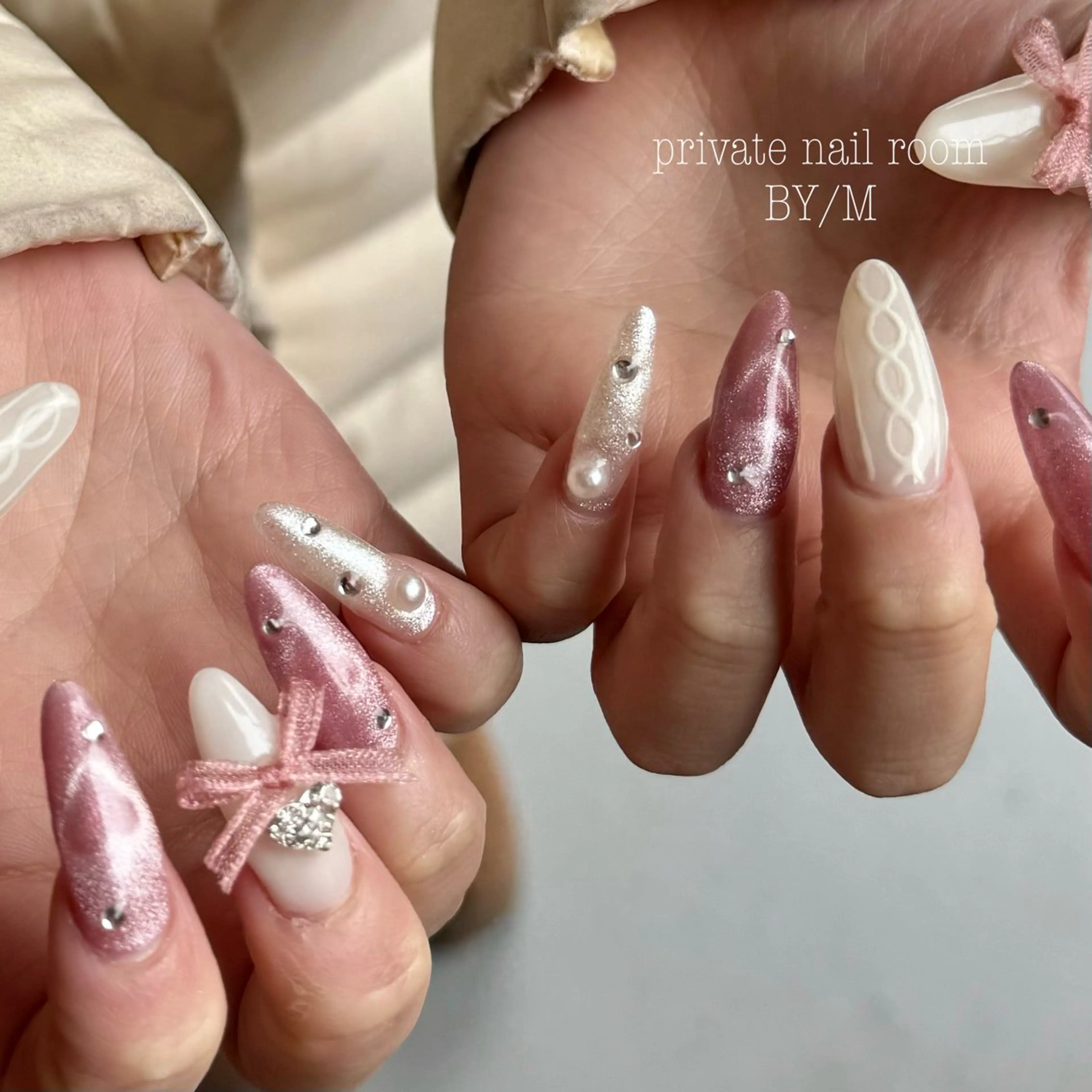 ネイル ハート マグネットネイル 持ち込み リボン ハンドネイル BY / Mのネイルデザイン