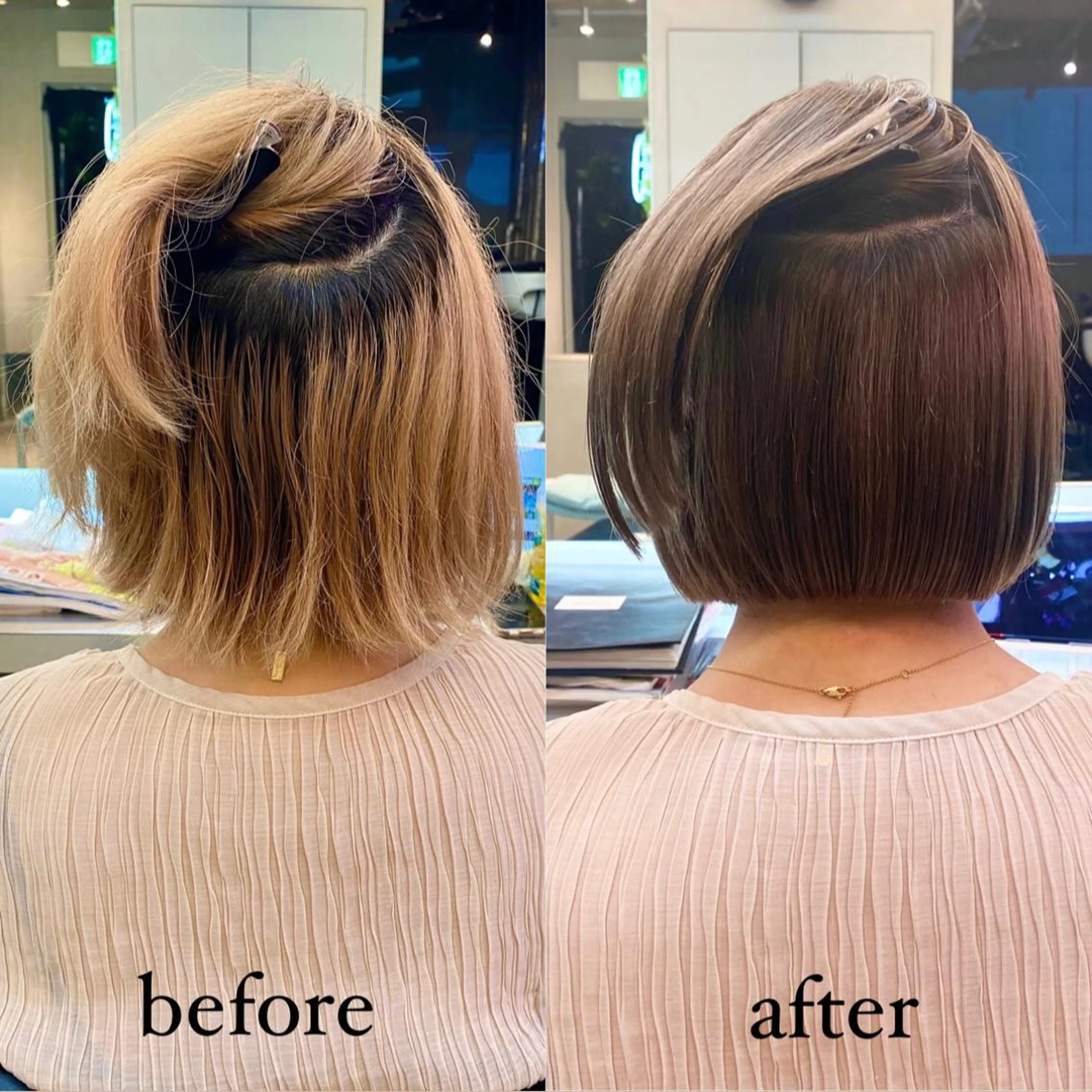 ミディアム カラー パーマ 切りっぱなしボブ ベージュカラー ブリーチ ピンクカラー ピンクベージュ カット ヘアカラー 縮毛矯正 普通の美容室じゃない ‼️/若林のヘアスタイル