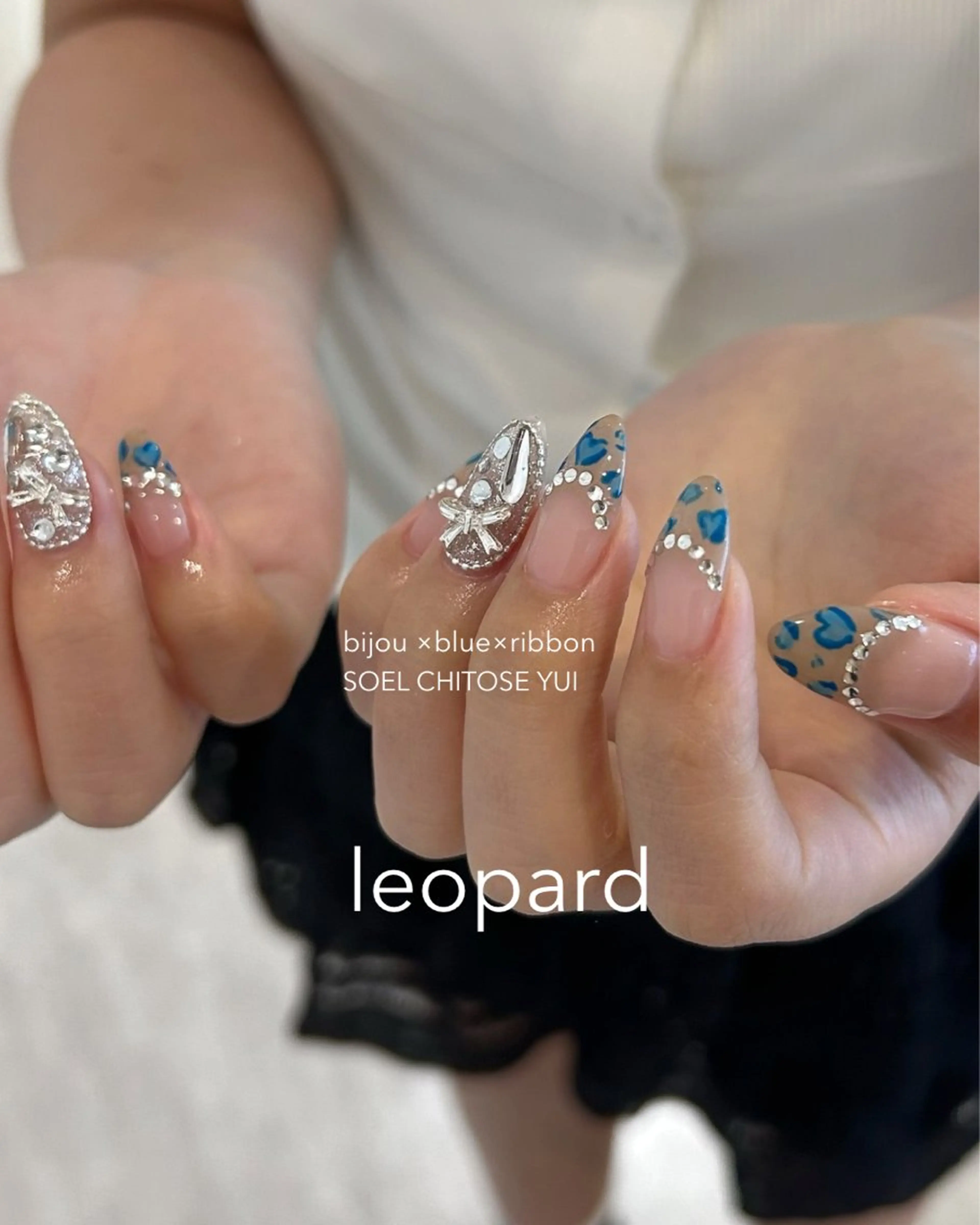 ネイル アニマル柄 ブルー ハート リボン ハンドネイル CHITOSE 結衣のネイルデザイン