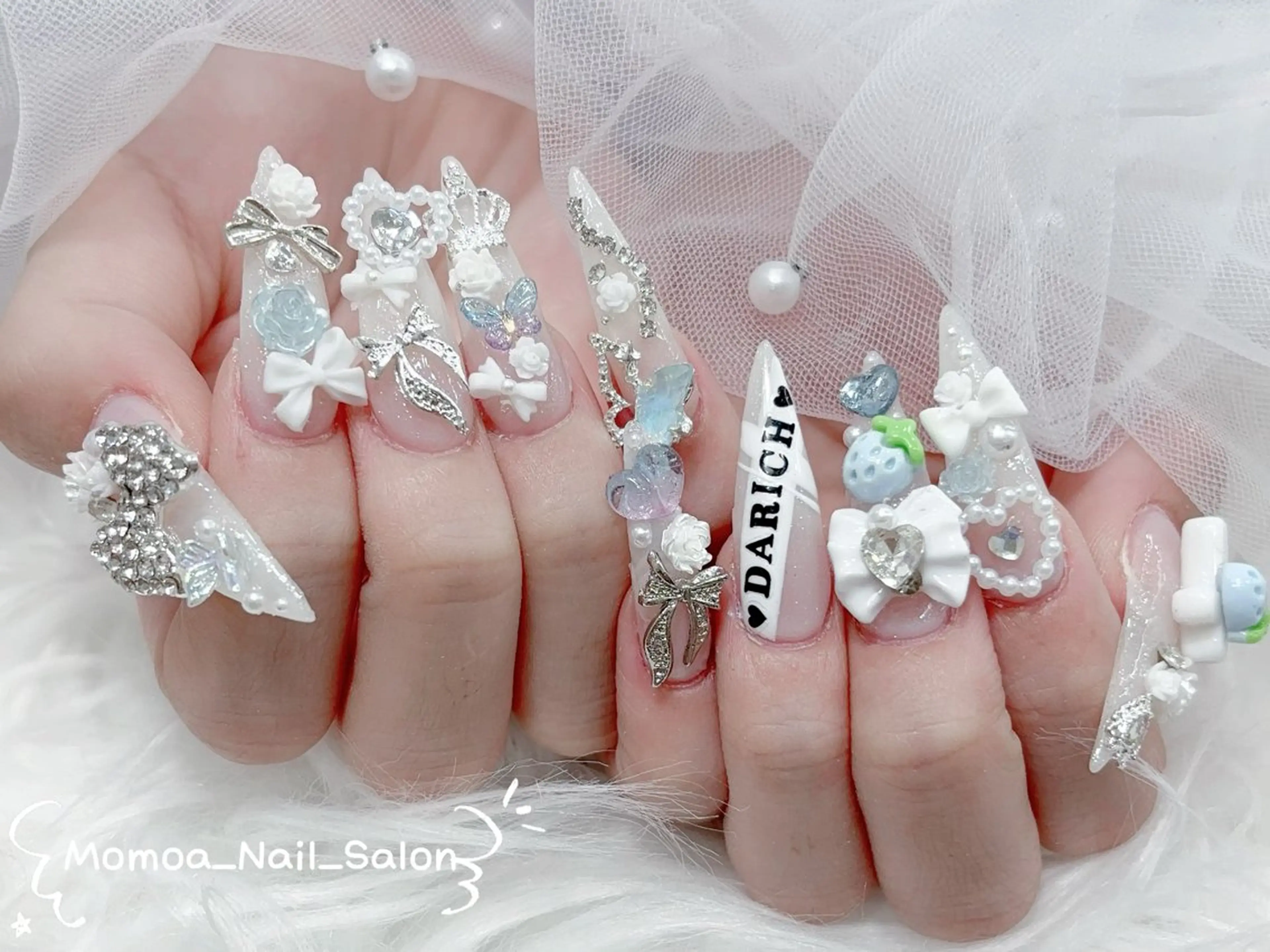 ネイル 成人式 ロングネイル マグネットネイル 大理石ネイル(マーブル) 持ち込み ハンドネイル MoMoA Nail ネイル長さ出し専門店のネイルデザイン