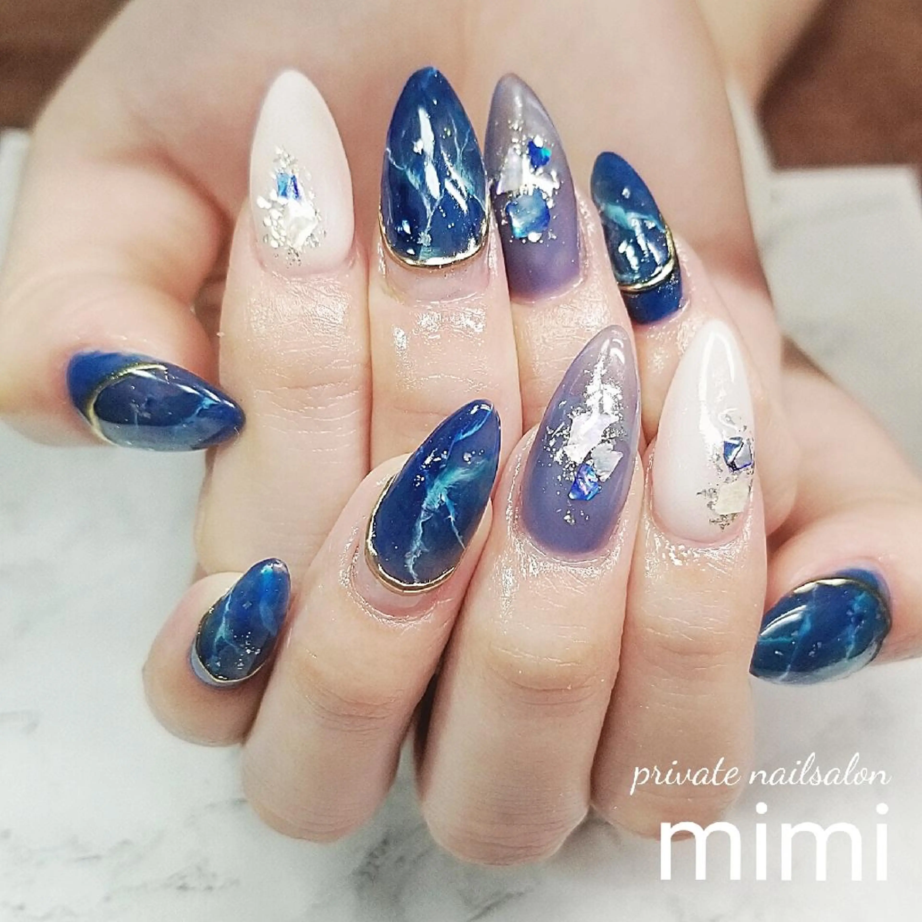 ネイル ブルー 大理石ネイル(マーブル) 持ち込み ハンドネイル 博多ネイル ｍｉｍｉのネイルデザイン