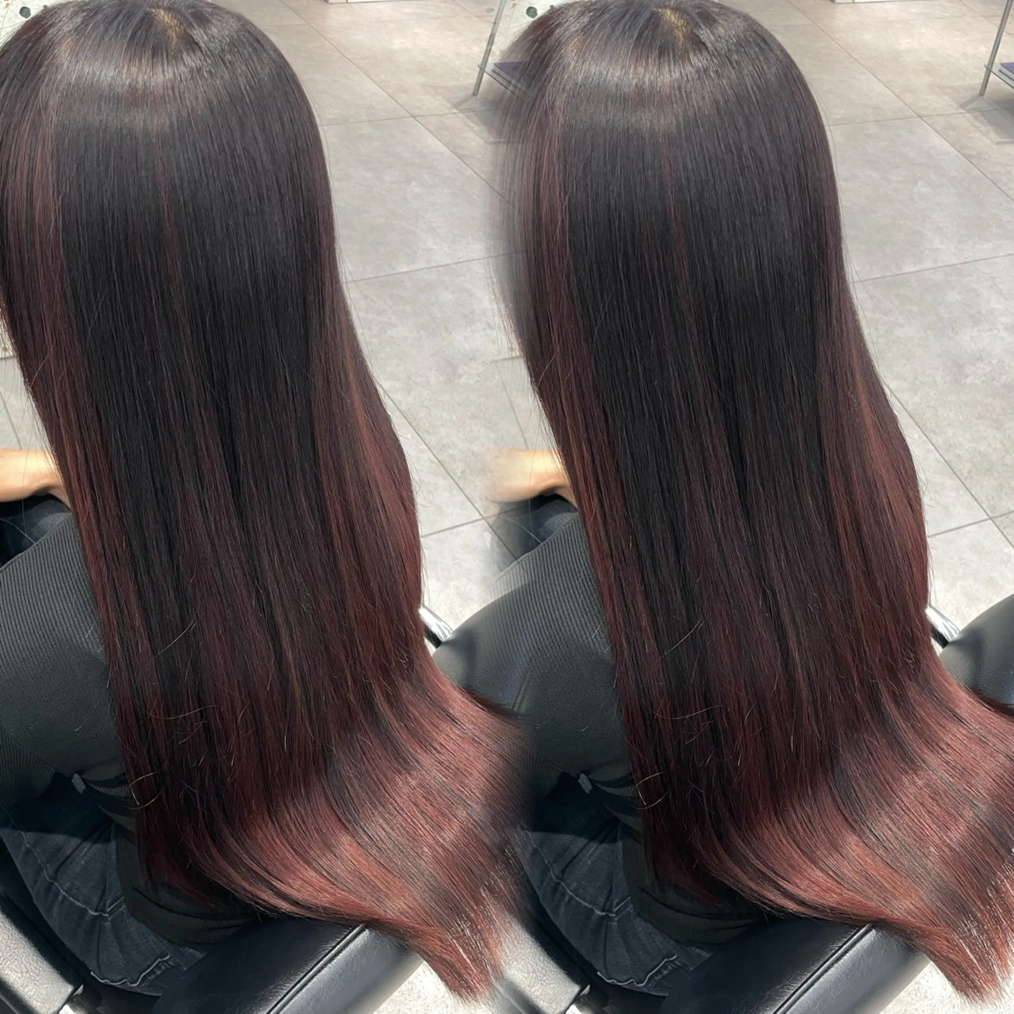 ロング カラー パーマ ボルドーカラー インナーカラー レッドカラー 髪質改善 縮毛矯正 ヘアカラー 縮毛矯正 表参道/ハイライト 髪質改善ストレートのヘアスタイル