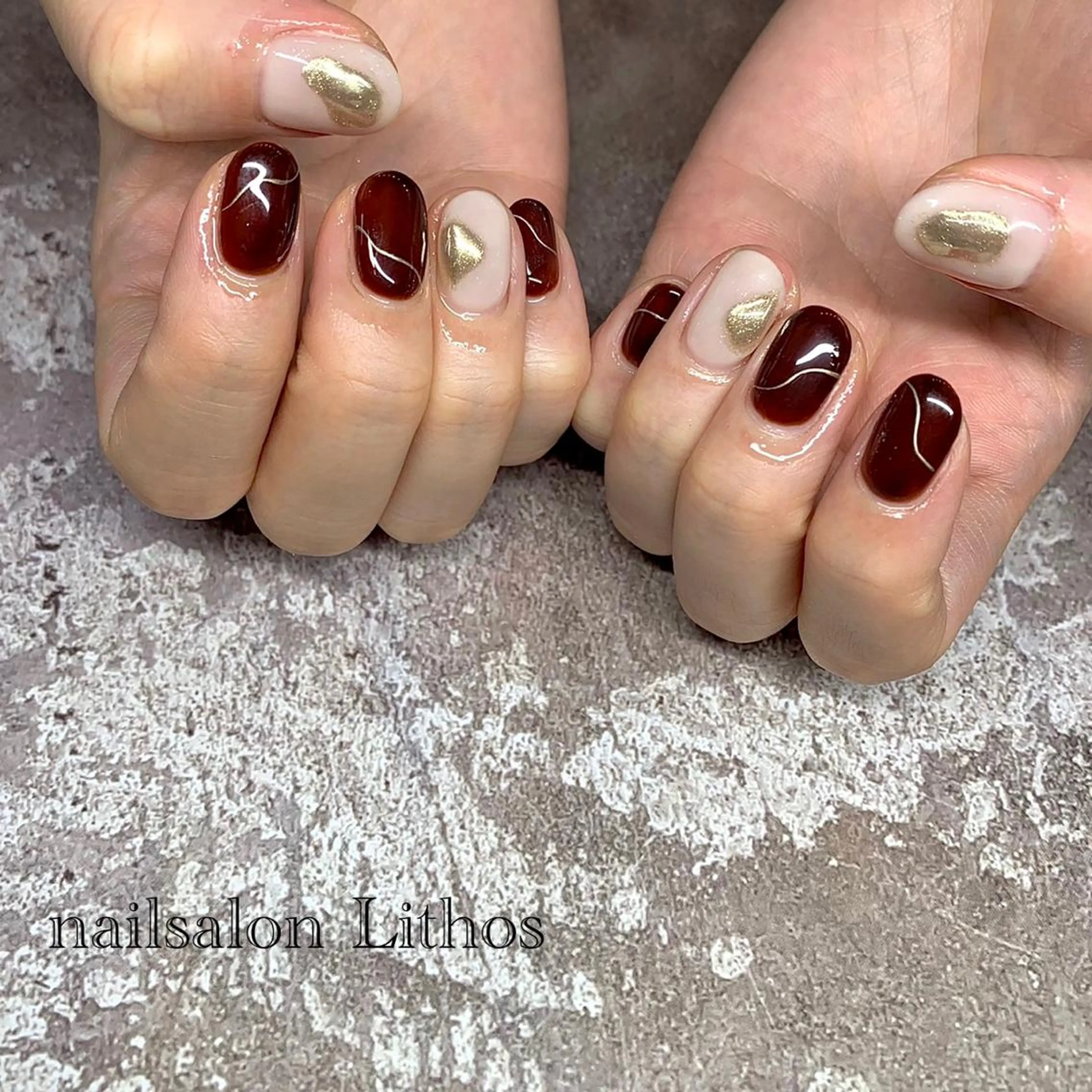 ネイル アートネイル ボルドー ジェルネイル 韓国ネイル オフィスネイル ハンドネイル nailsalon Lithos所属・nailsalon Recontreのネイルデザイン