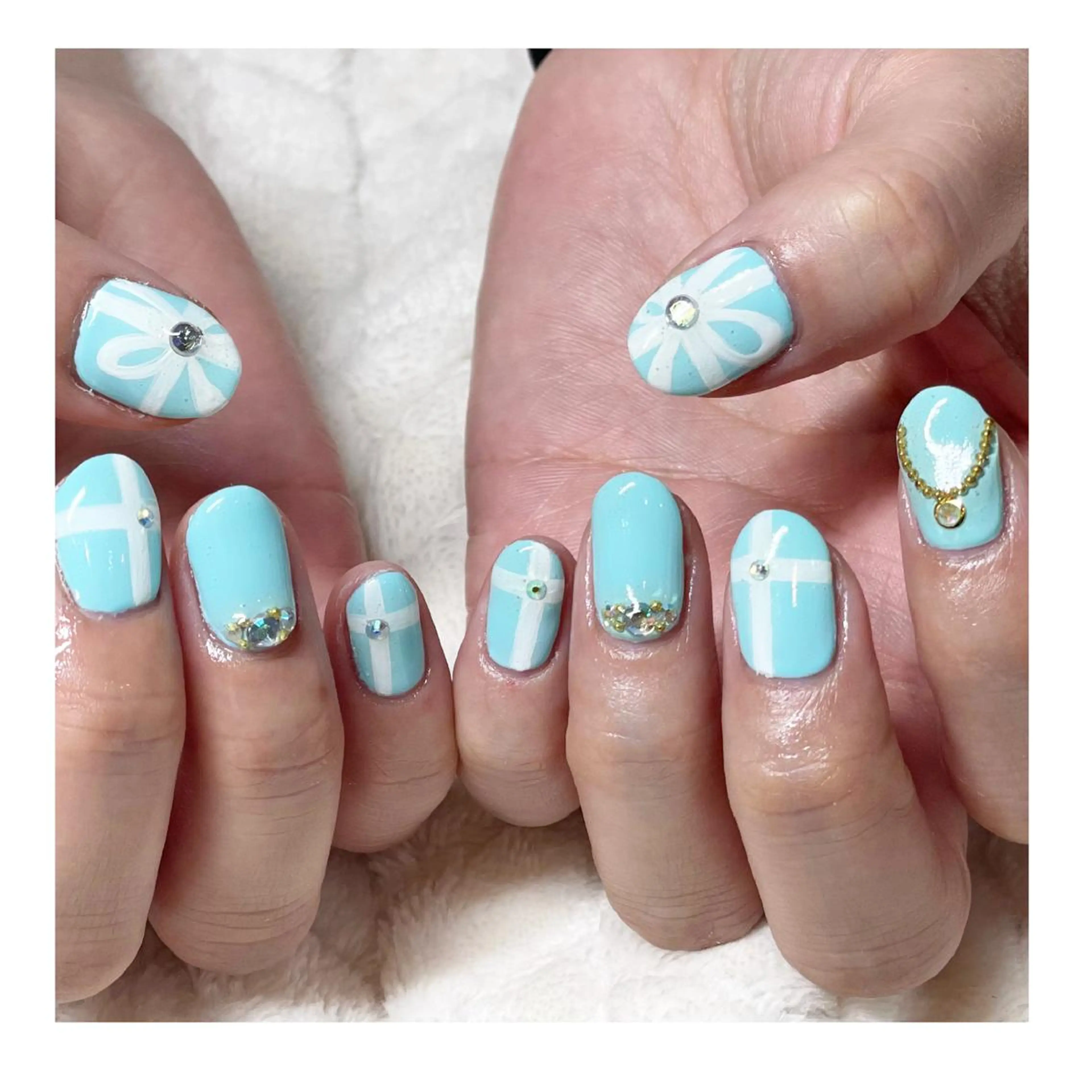 ネイル アートネイル ブルー ジェルネイル リボン ショートネイル LaLa Peach 福岡のマツエク・マツパデザイン