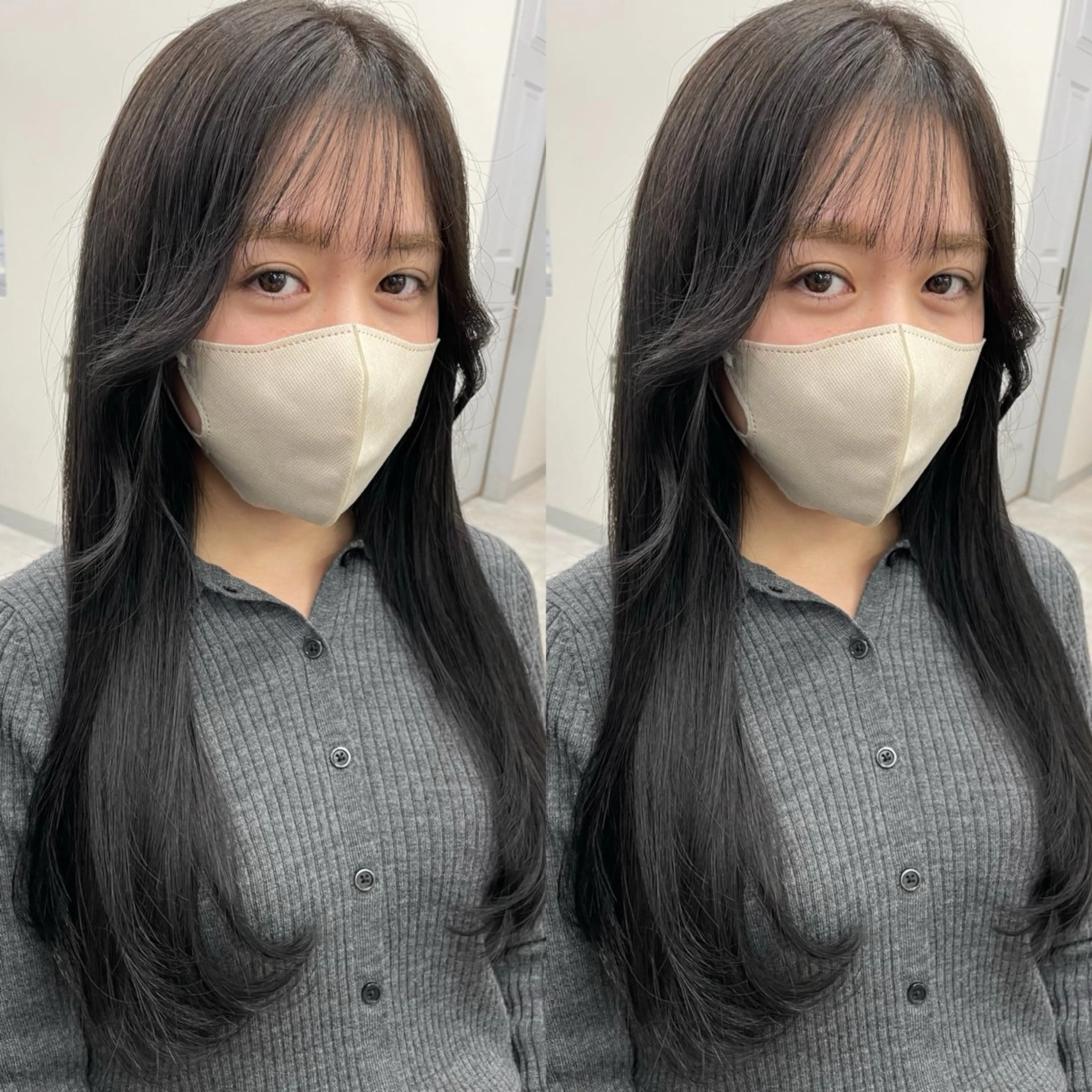 ロング 顔まわりレイヤー 顔周りカット かきあげバング 韓国風ヘア レイヤーカット カット ヘアセット ブリーチ無しダブル カラー🦕まどかのヘアスタイル
