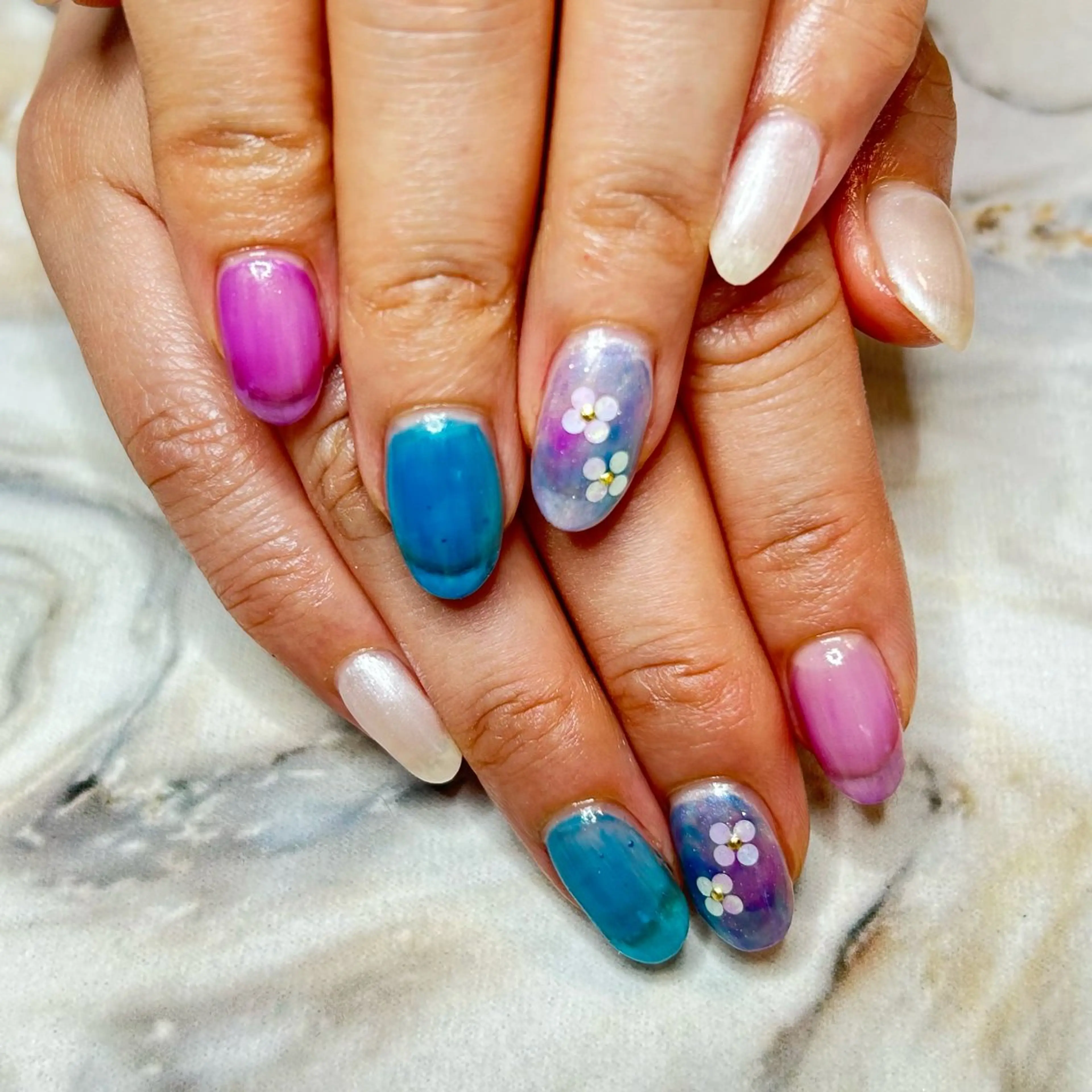 ネイル アートネイル ブルー フラワーネイル ジェルネイル グラデーション Nail Stellaのネイルデザイン