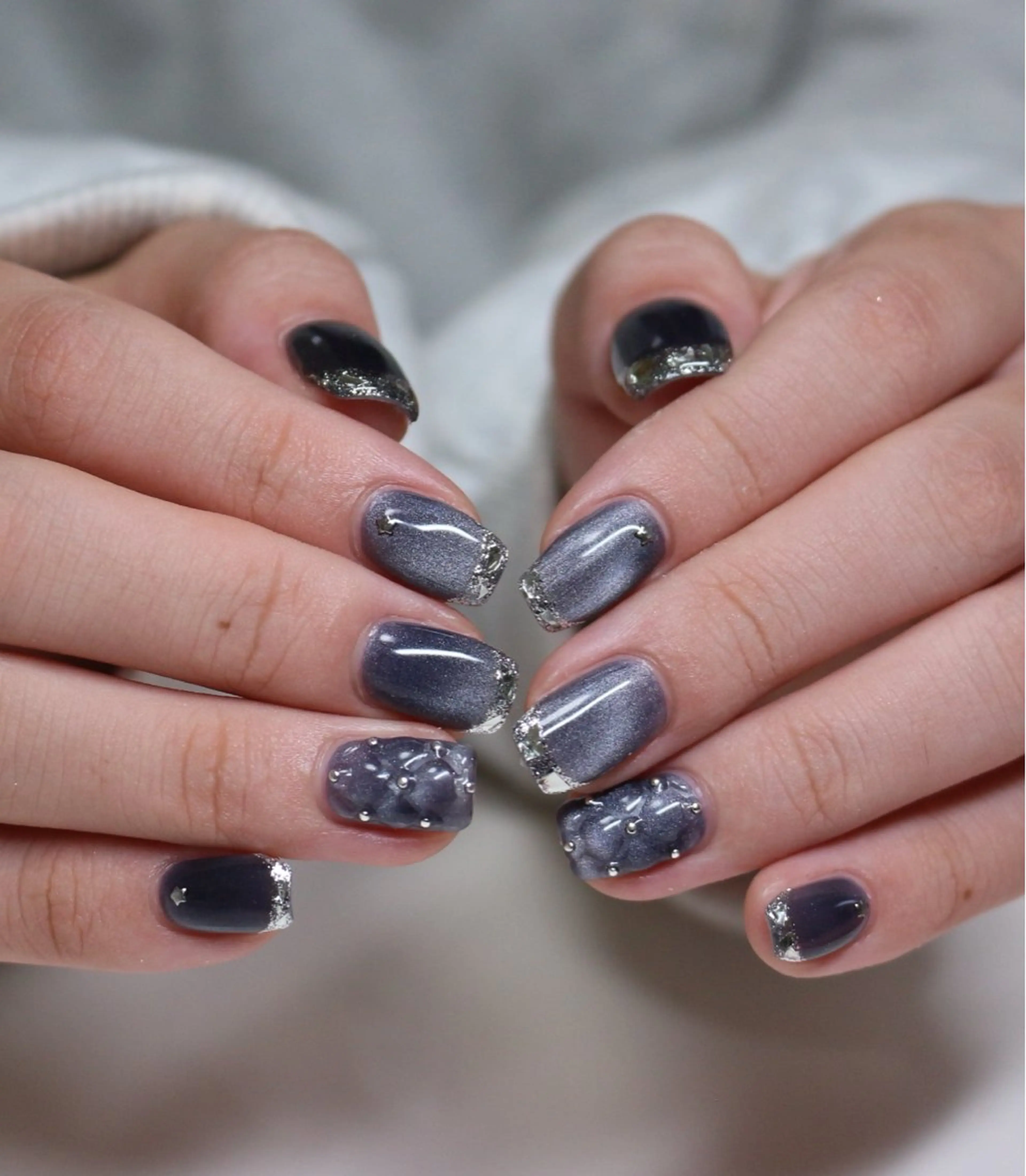 ネイル ブルー フレンチネイル ガラスフレンチ マグネットネイル ネイビー ハンドネイル Baku Nailsのネイルデザイン