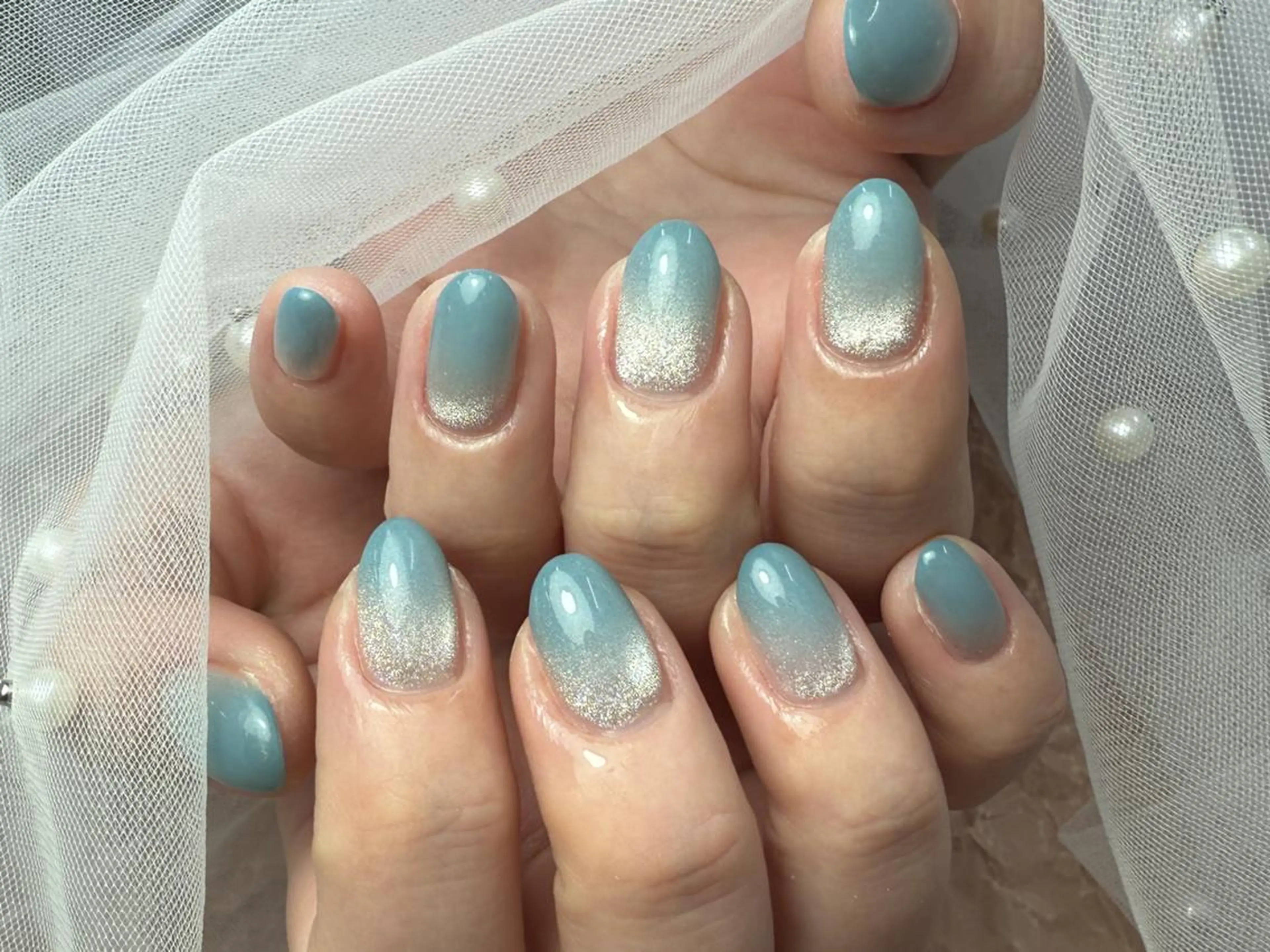 ネイル ブルー クリアネイル グラデーション グリーン ラメ(グリッター) ハンドネイル ハンドケア ToliyDeliy Nail Salonのネイルデザイン