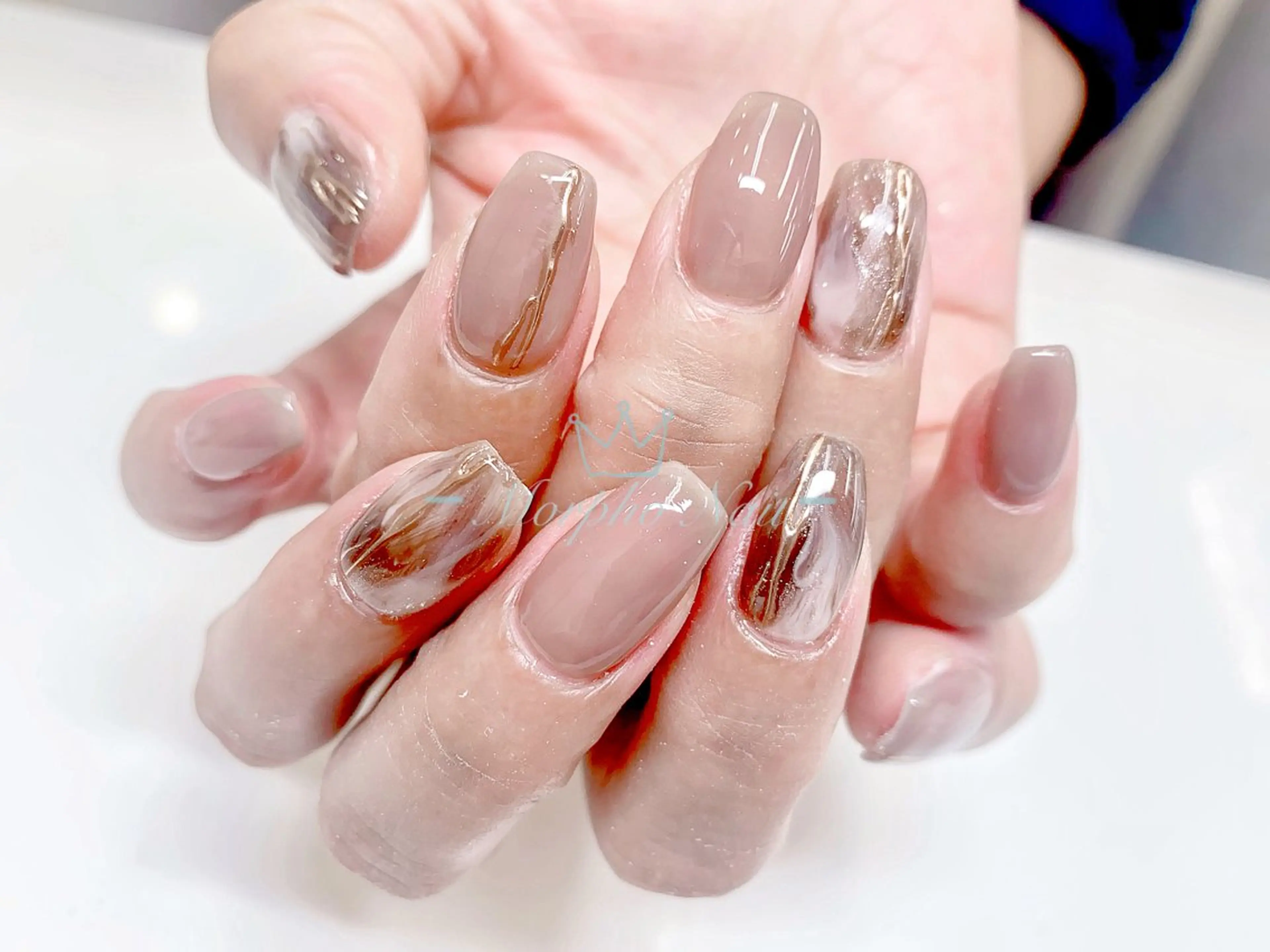 ネイル 長さ出し ジェルネイル キラキラネイル 大理石ネイル(マーブル) ニュアンスネイル ハンドネイル Morpho nailのネイルデザイン
