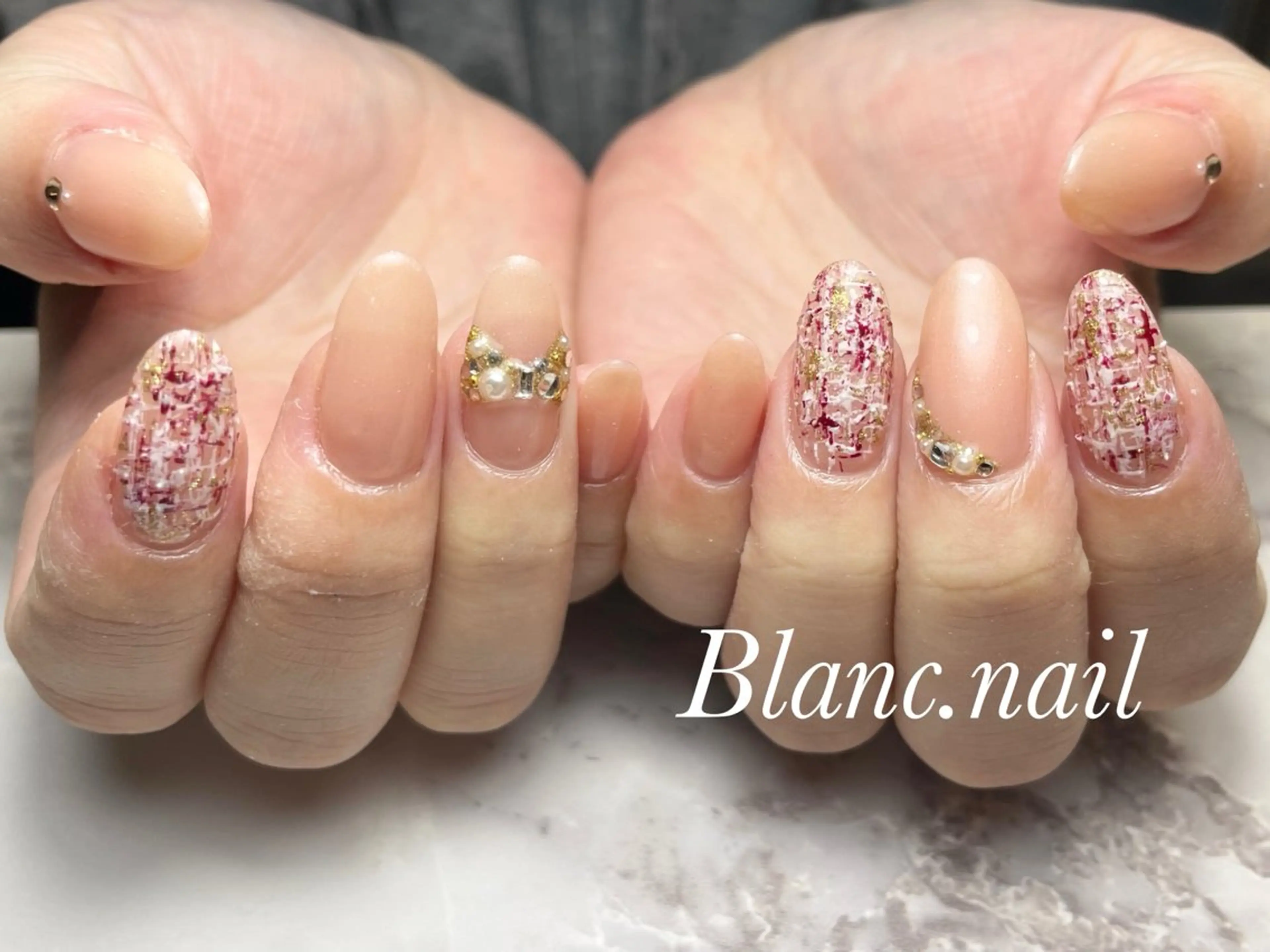 ネイル ジェルネイル ニュアンスネイル パラジェル リボン ツイードネイル ハンドネイル BLANCEnail所属・BLANCnail yuuのネイルデザイン
