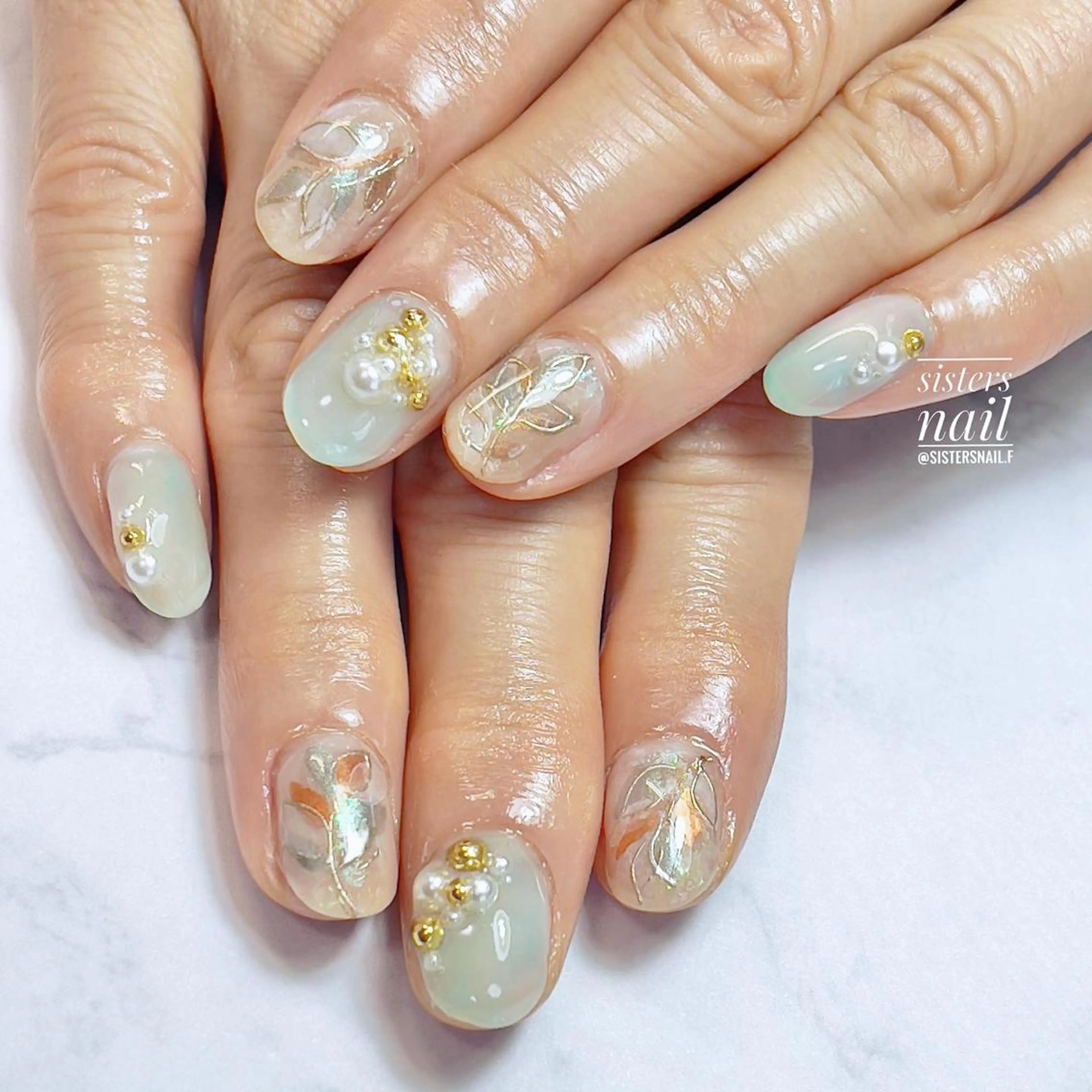 ネイル アートネイル グリーン オフィスネイル 夏ネイル sisters nail.fのネイルデザイン