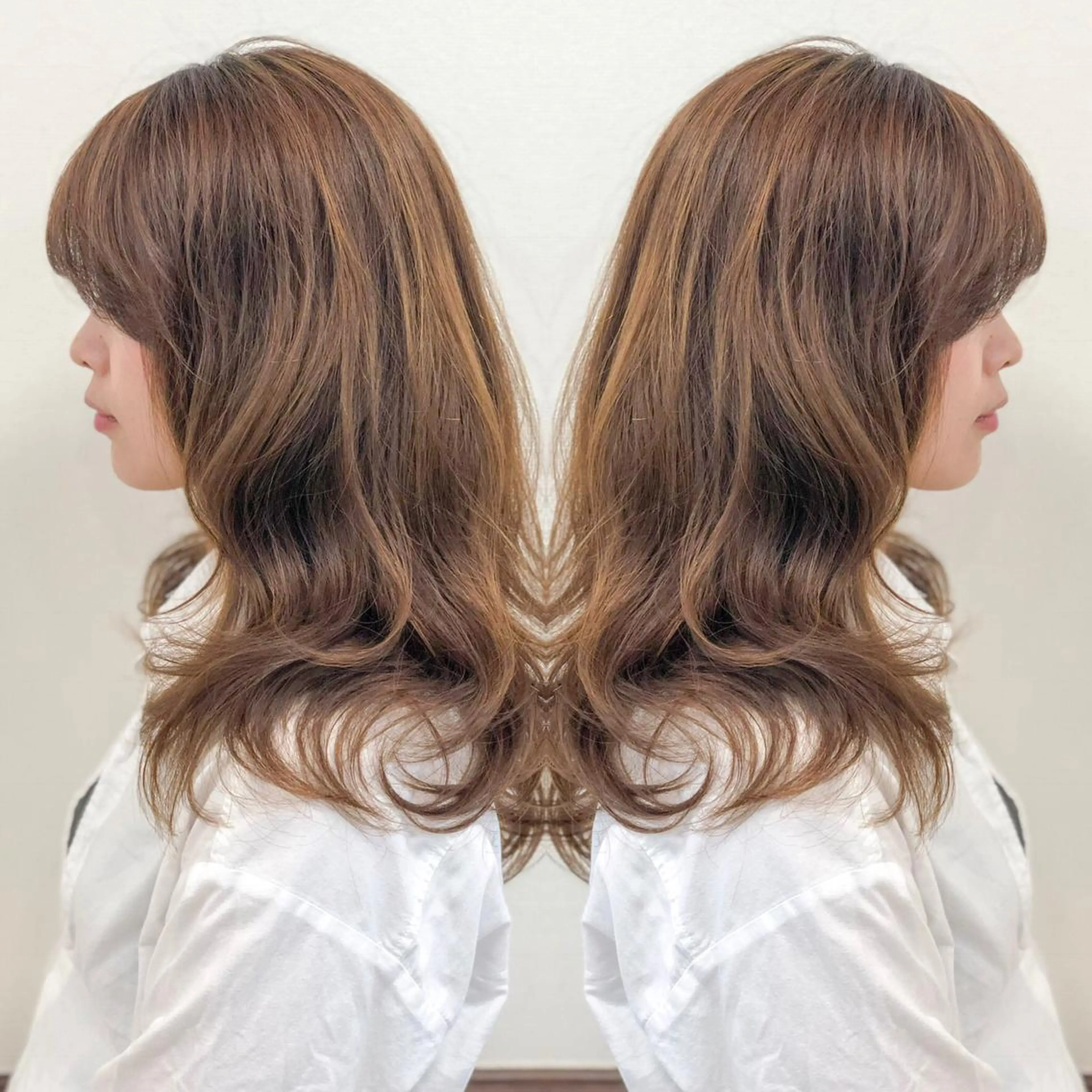 ミディアム 顔周りカット ハイライト 小顔カット カット トリートメント カセヤ リョウのヘアスタイル