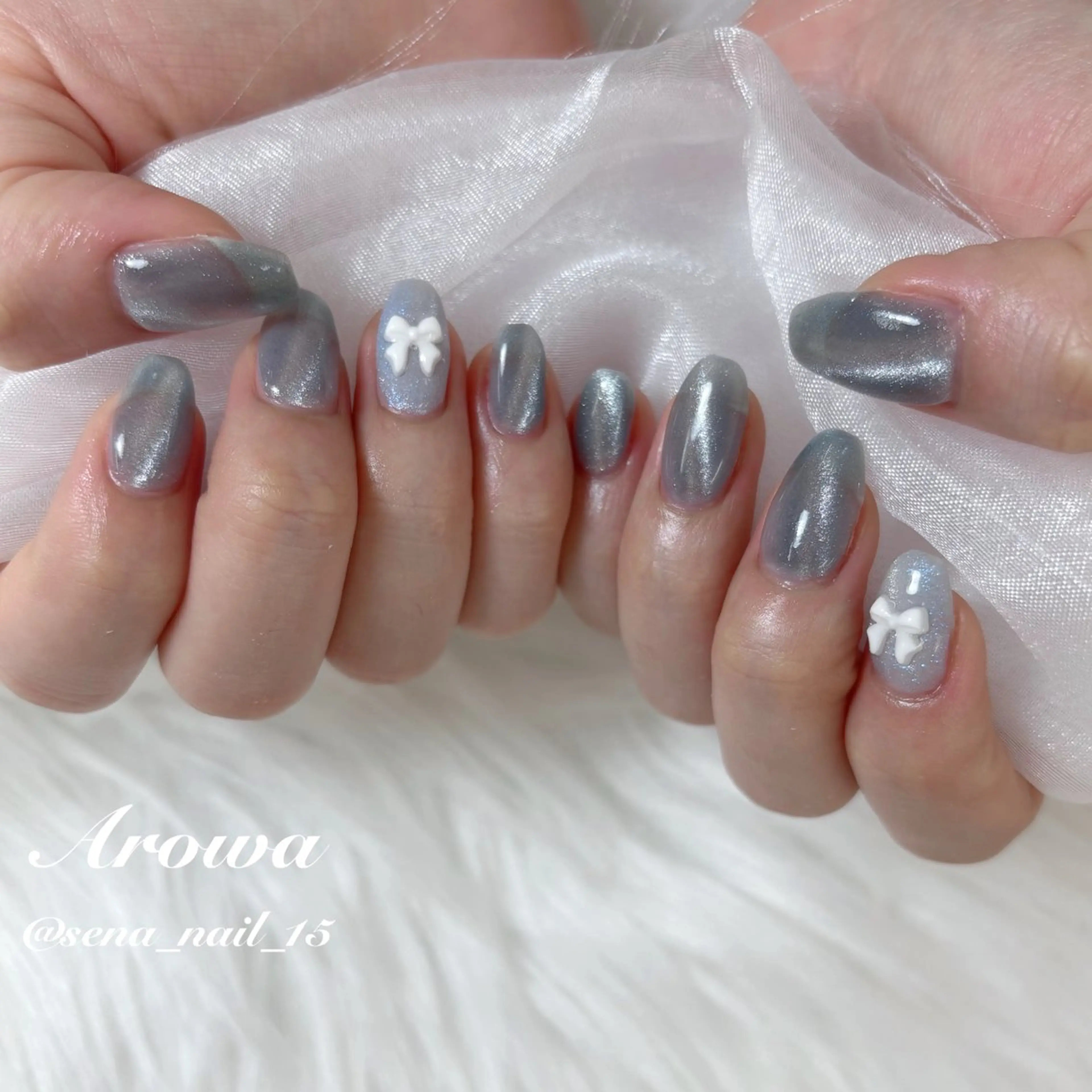 ネイル ブルー マグネットネイル リボン ハンドネイル Arowa -SENA-のネイルデザイン