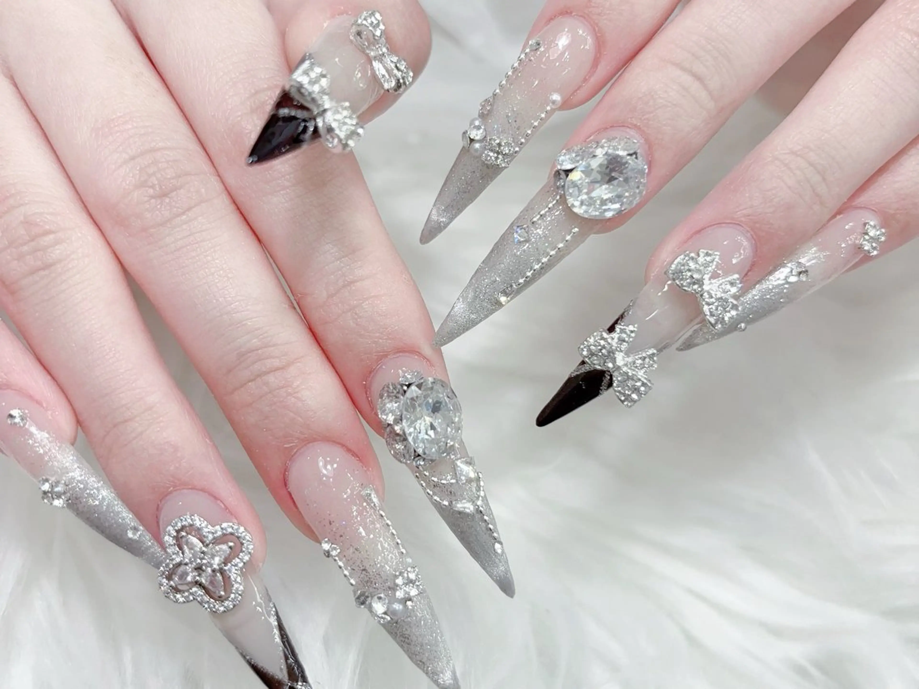 ネイル 成人式 大理石ネイル(マーブル) リボン 夏ネイル ネイルチップ ハンドネイル MoMoA Nail ネイル長さ出し専門店のネイルデザイン