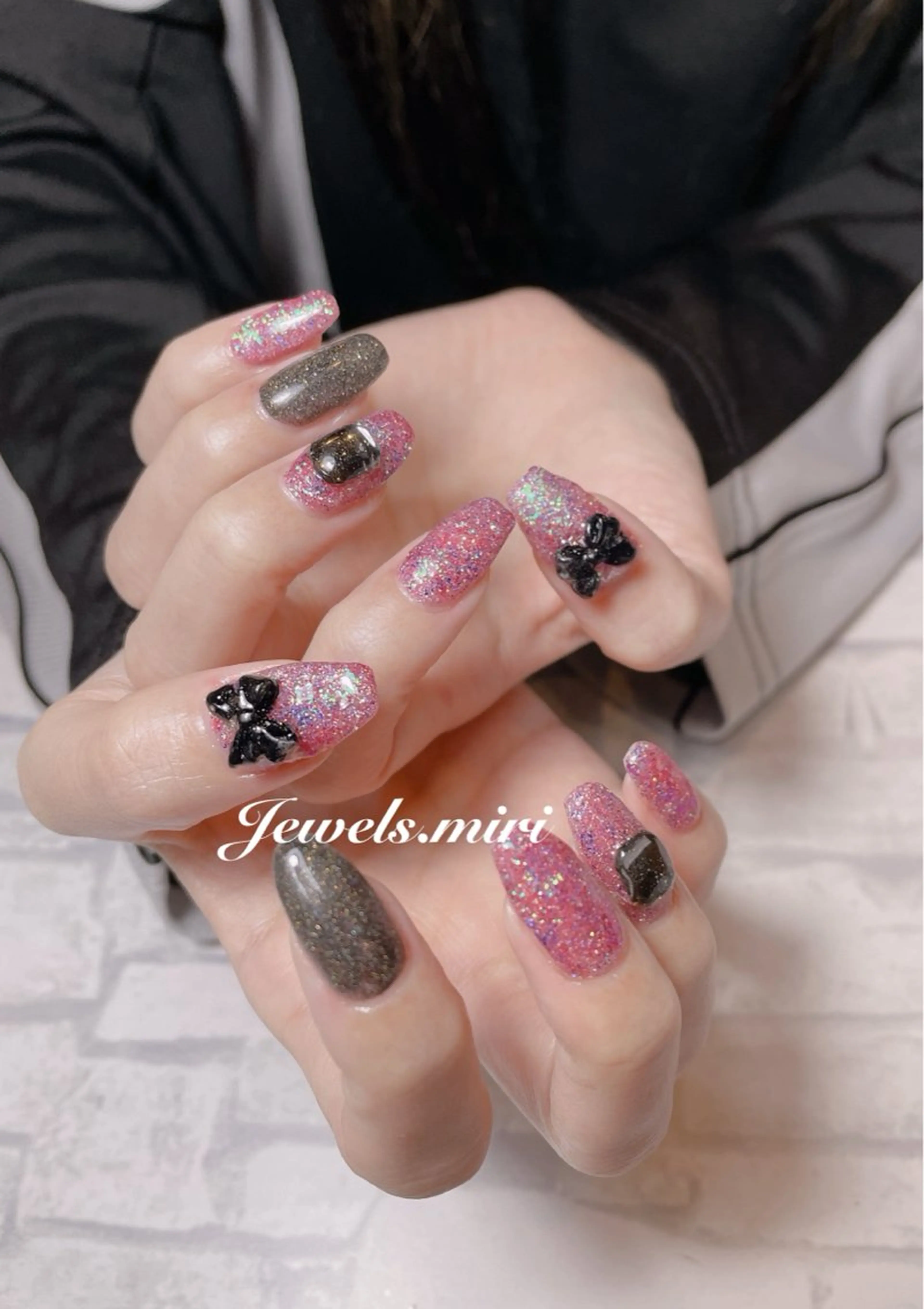 ネイル ラメ(グリッター) ピンク パープル リボン Jewels nail lily 白楽所属・ネイルサロン Jewels Mのネイルデザイン