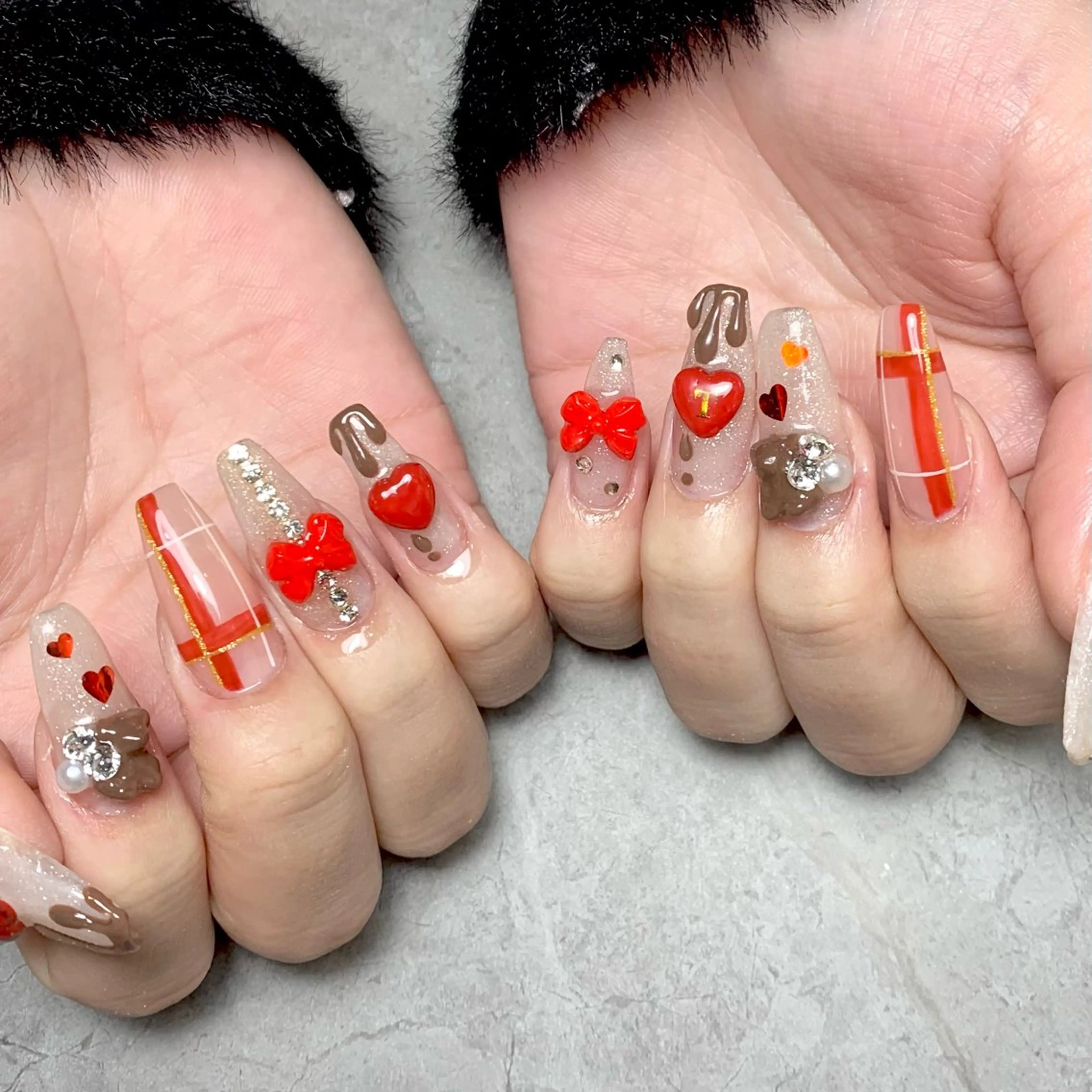 ネイル ガーリー ハート キラキラネイル リボン バレンタイン ハンドネイル Nail Salon Lillion【リリオン】所属・lillion karenのネイルデザイン