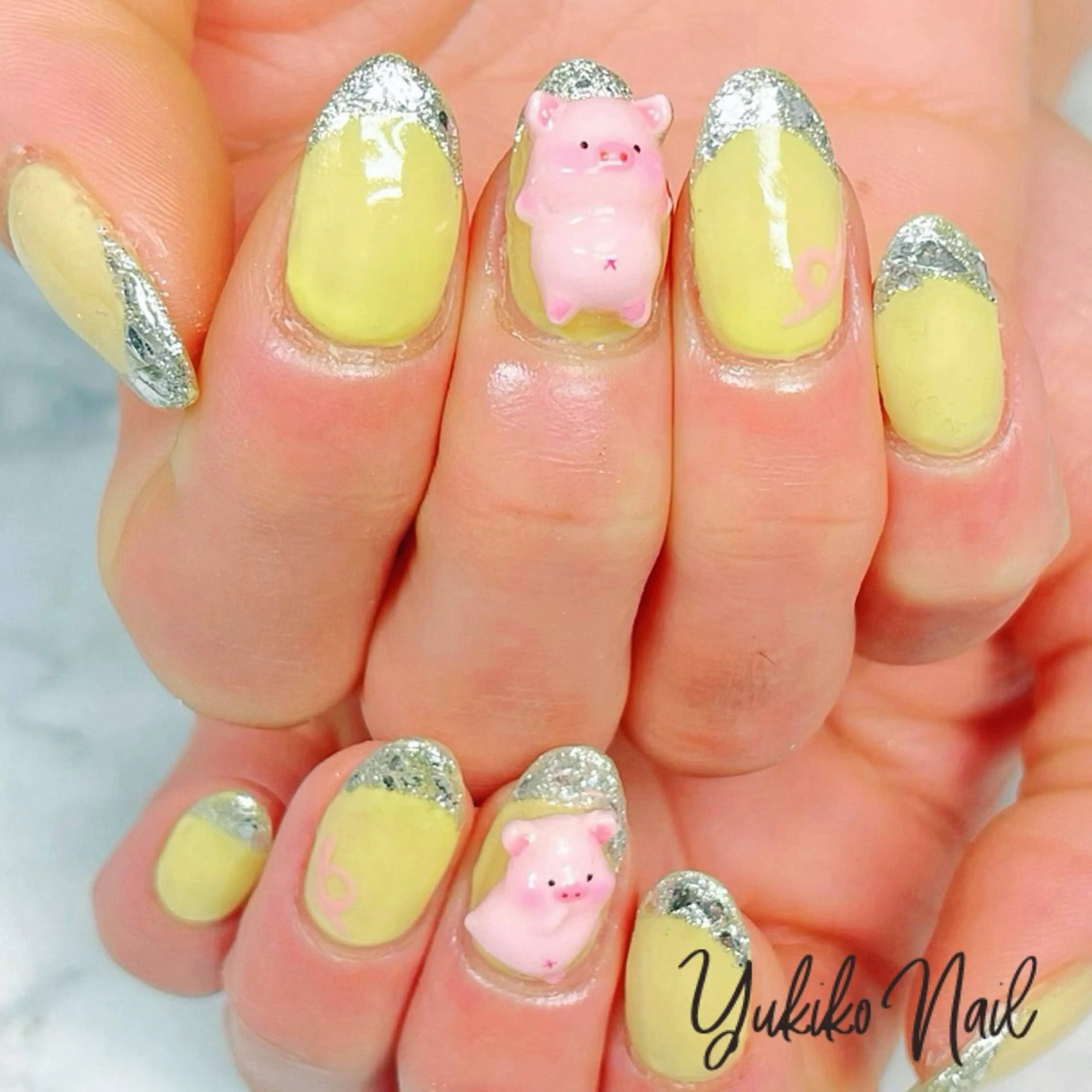 ネイル アートネイル フレンチネイル ガラスフレンチ 黄色 ハンドネイル ユキコ ネイルのネイルデザイン