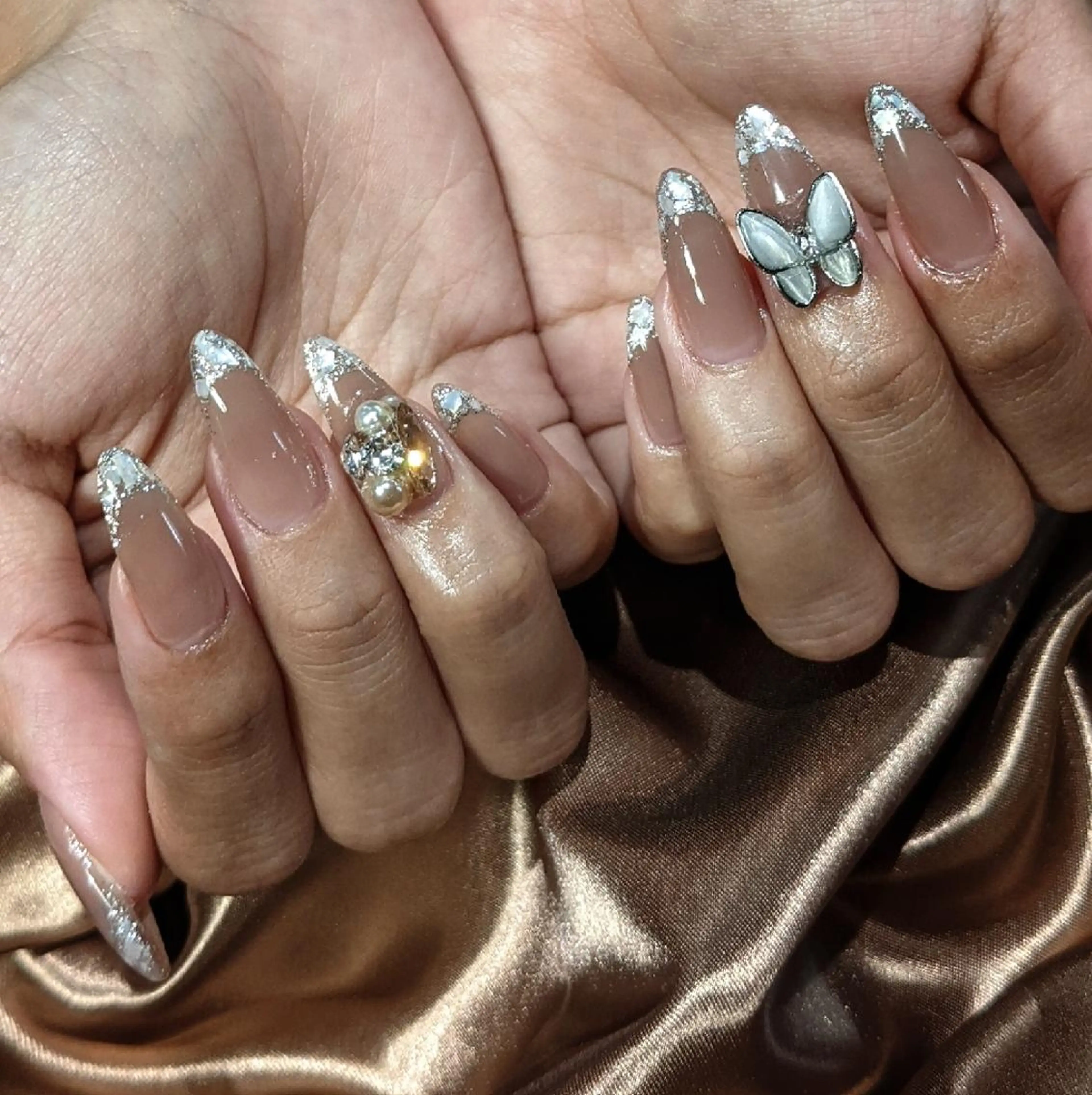 ネイル ブラウン 長さ出し フレンチネイル ガラスフレンチ ラメ(グリッター) 2B__nails ニービー京都伏見区のネイルデザイン