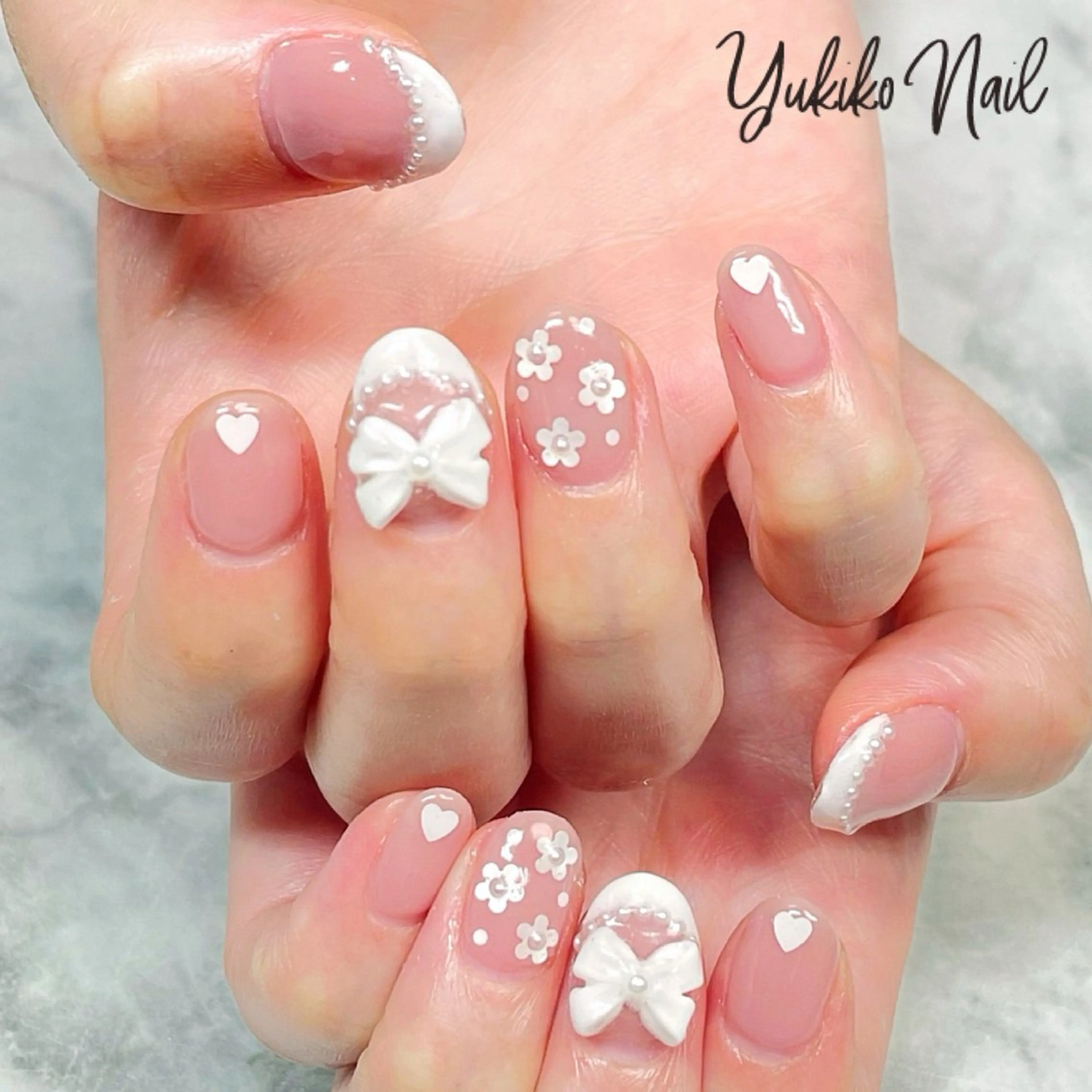 ネイル フレンチネイル ガーリー 韓国ネイル リボン ワンホンネイル ハンドネイル ユキコ ネイルのネイルデザイン