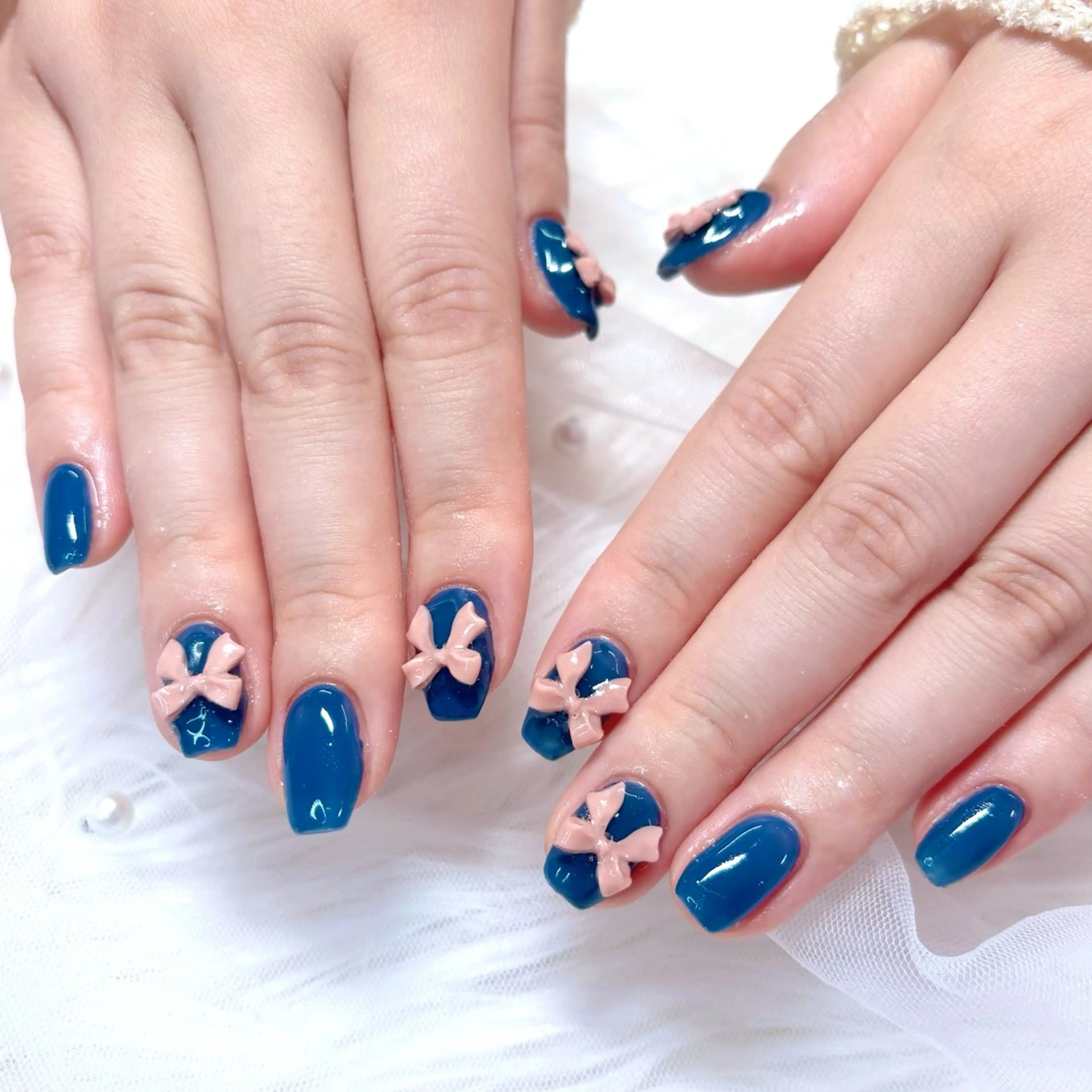 ネイル ネイビー リボン ハンドネイル Noix nailのネイルデザイン