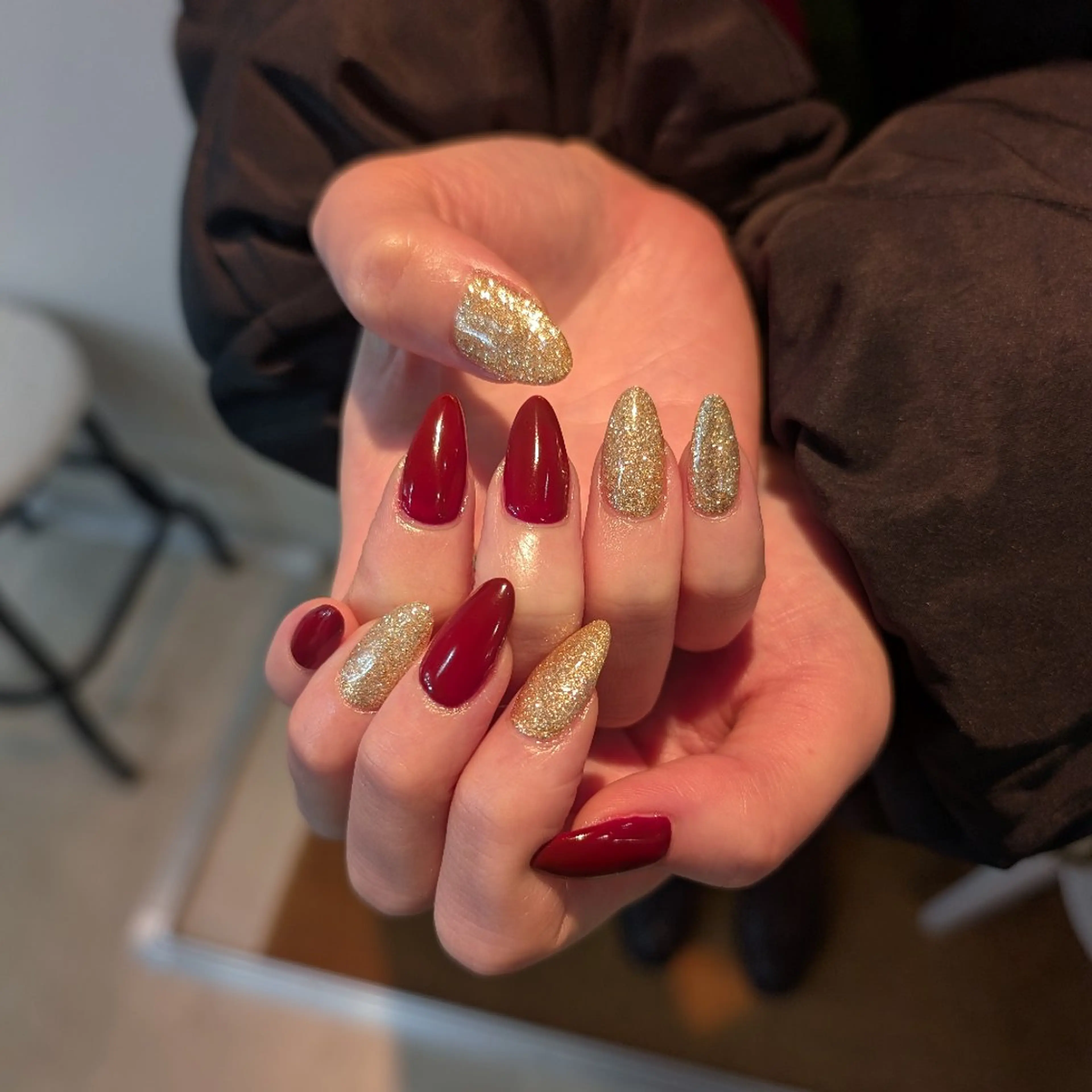 ネイル ボルドー ゴールド ラメ(グリッター) ハンドネイル FREE'Snail Yukariのネイルデザイン