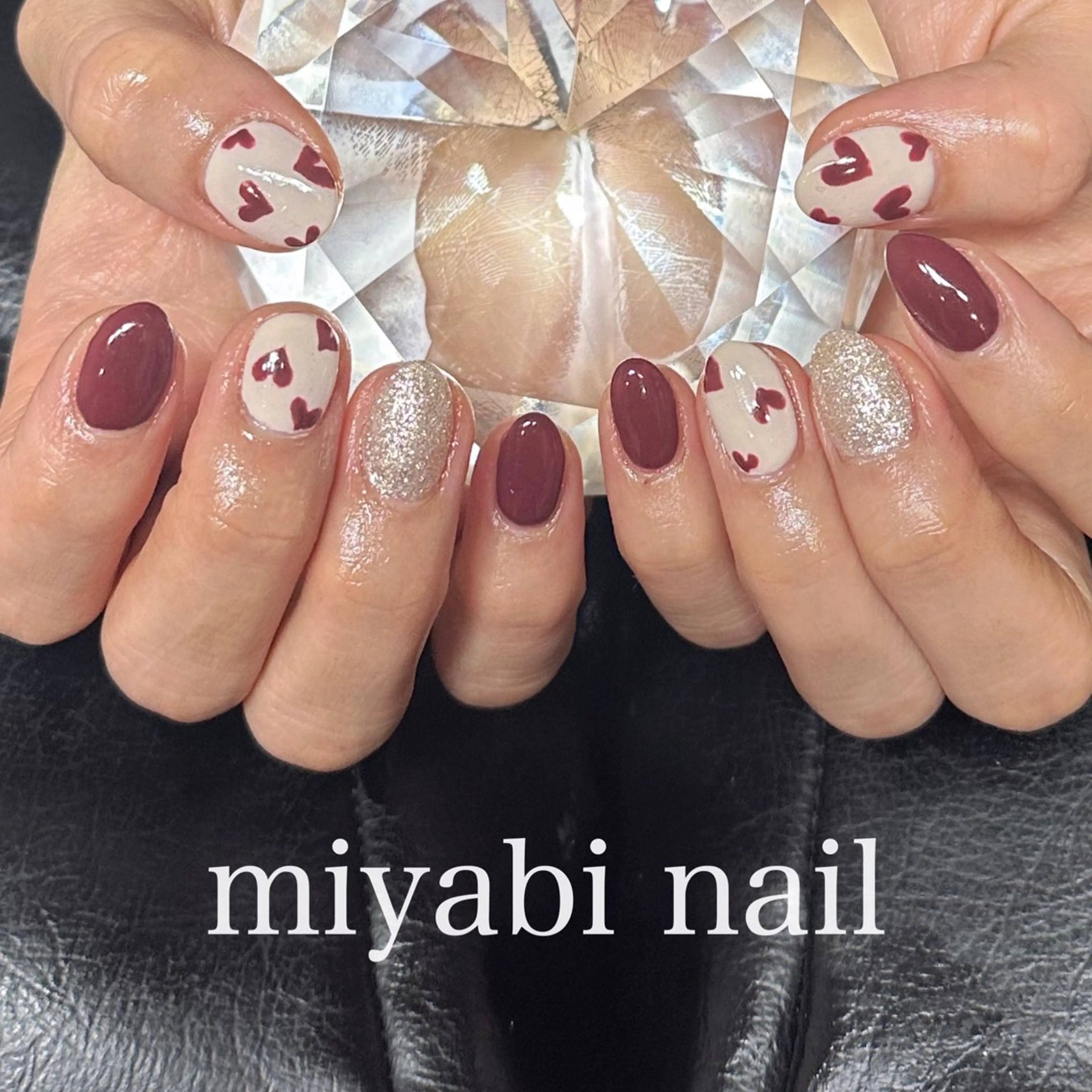 ネイル ボルドー ジェルネイル ハート 持ち込み バレンタイン ハンドネイル miyabi nail 桂川駅近くのネイルデザイン