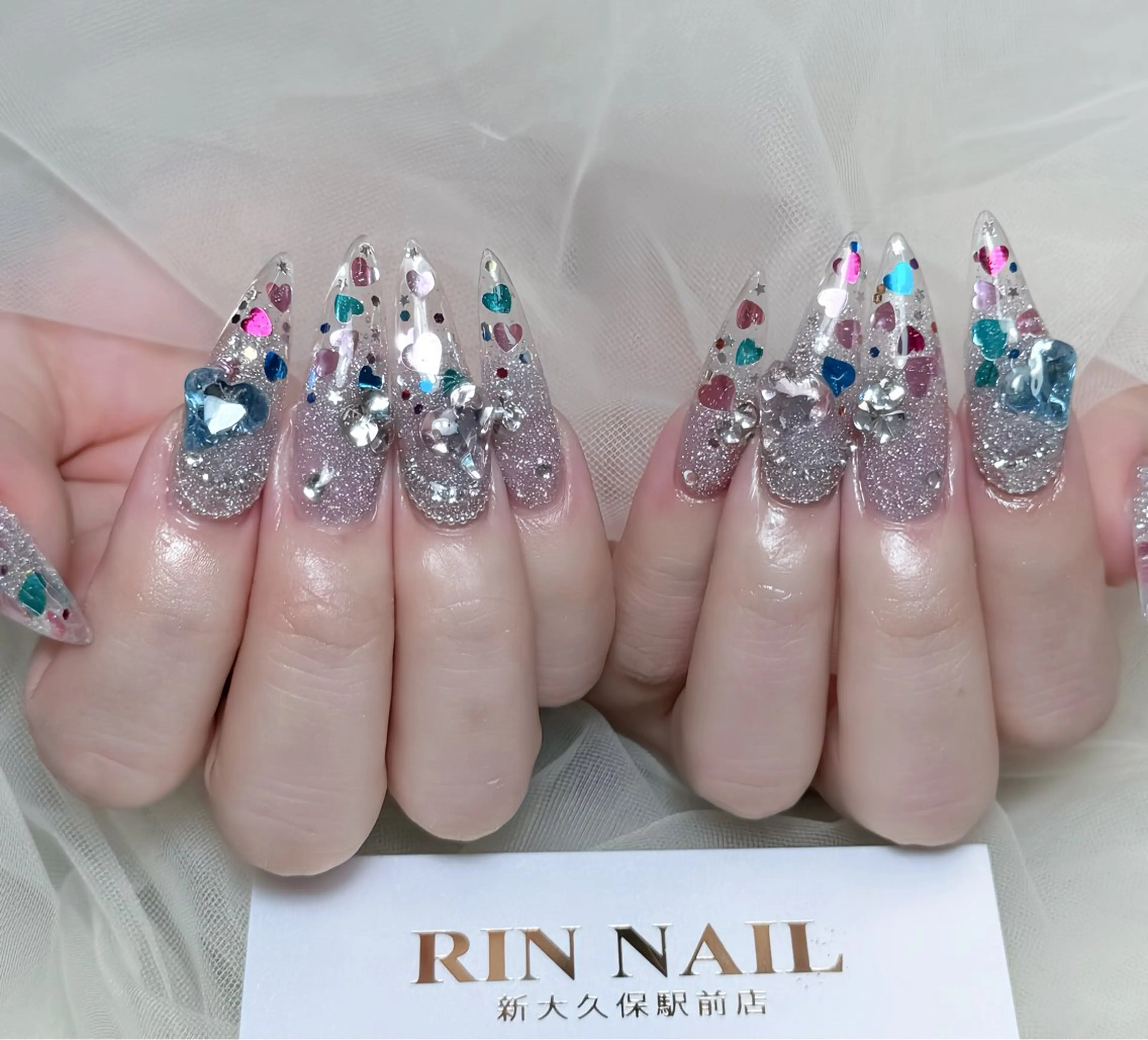 ネイル アートネイル 長さ出し ガーリー 韓国ネイル 持ち込み Rin Nail 新大久保店のネイルデザイン