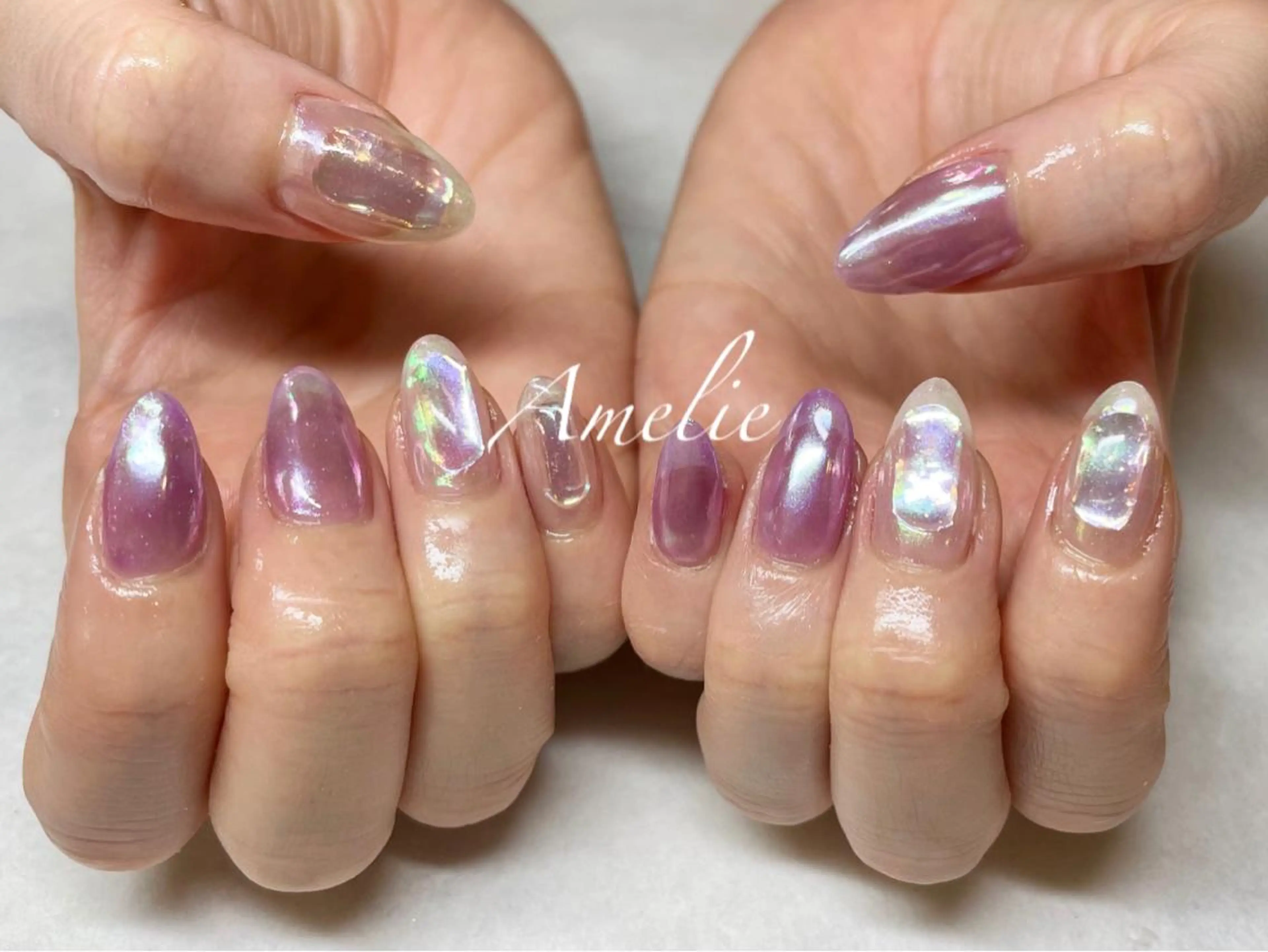 ネイル アートネイル オーロラネイル グリーン 氷ネイル・うるうるネイル パープル yo koのネイルデザイン