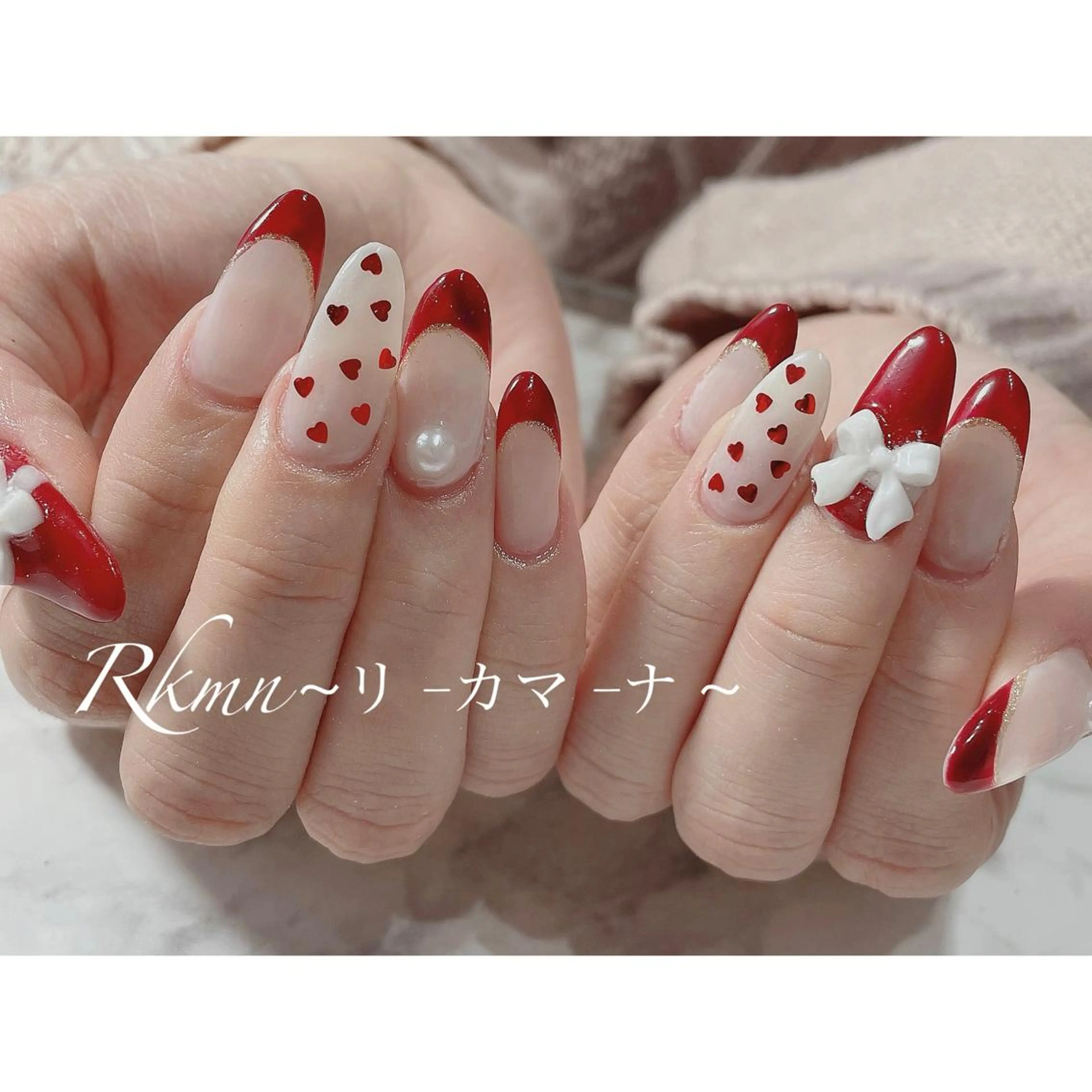 ネイル アートネイル フレンチネイル ハート 赤色 リボン ハンドネイル フットネイル ハンドケア Rkmn ~リ-カマ-ナ~のネイルデザイン