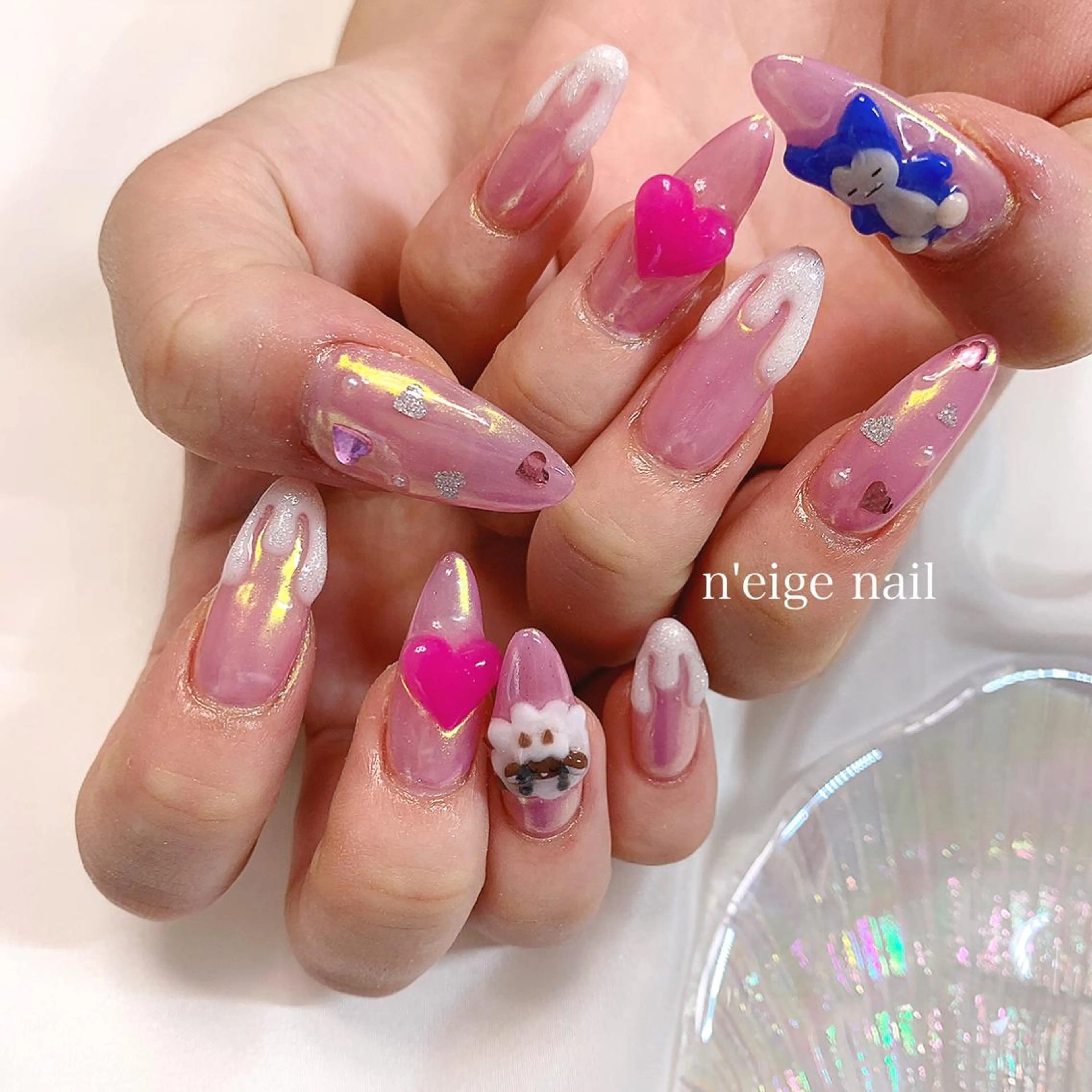 ネイル アートネイル ハート キラキラネイル 韓国ネイル ニュアンスネイル n'eige nail所属・大谷 綾香のネイルデザイン