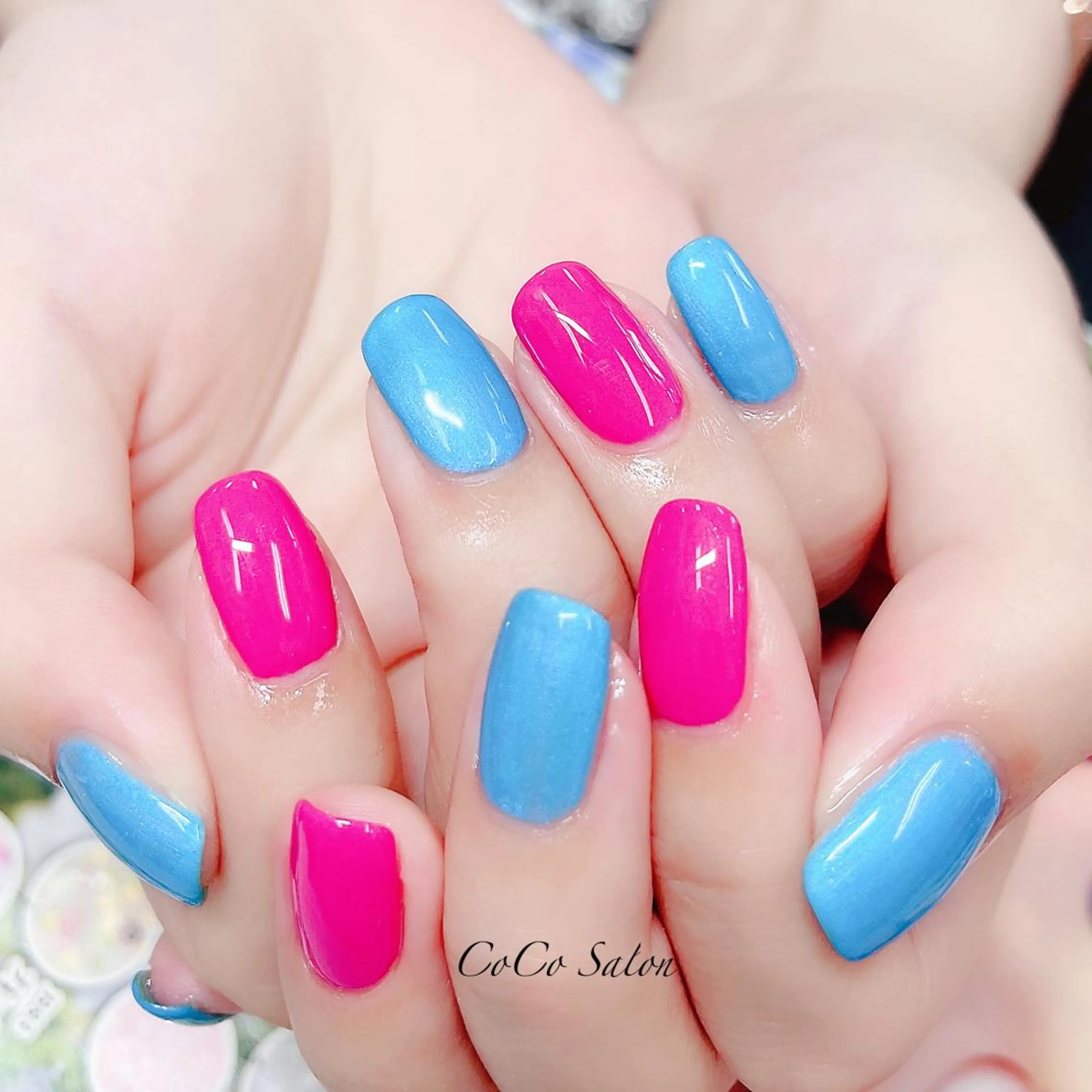 ネイル ブルー 長さ出し ジェルネイル オフィスネイル ワンカラーネイル ハンドネイル CoCoSalon ネイル/まつ毛予約のネイルデザイン