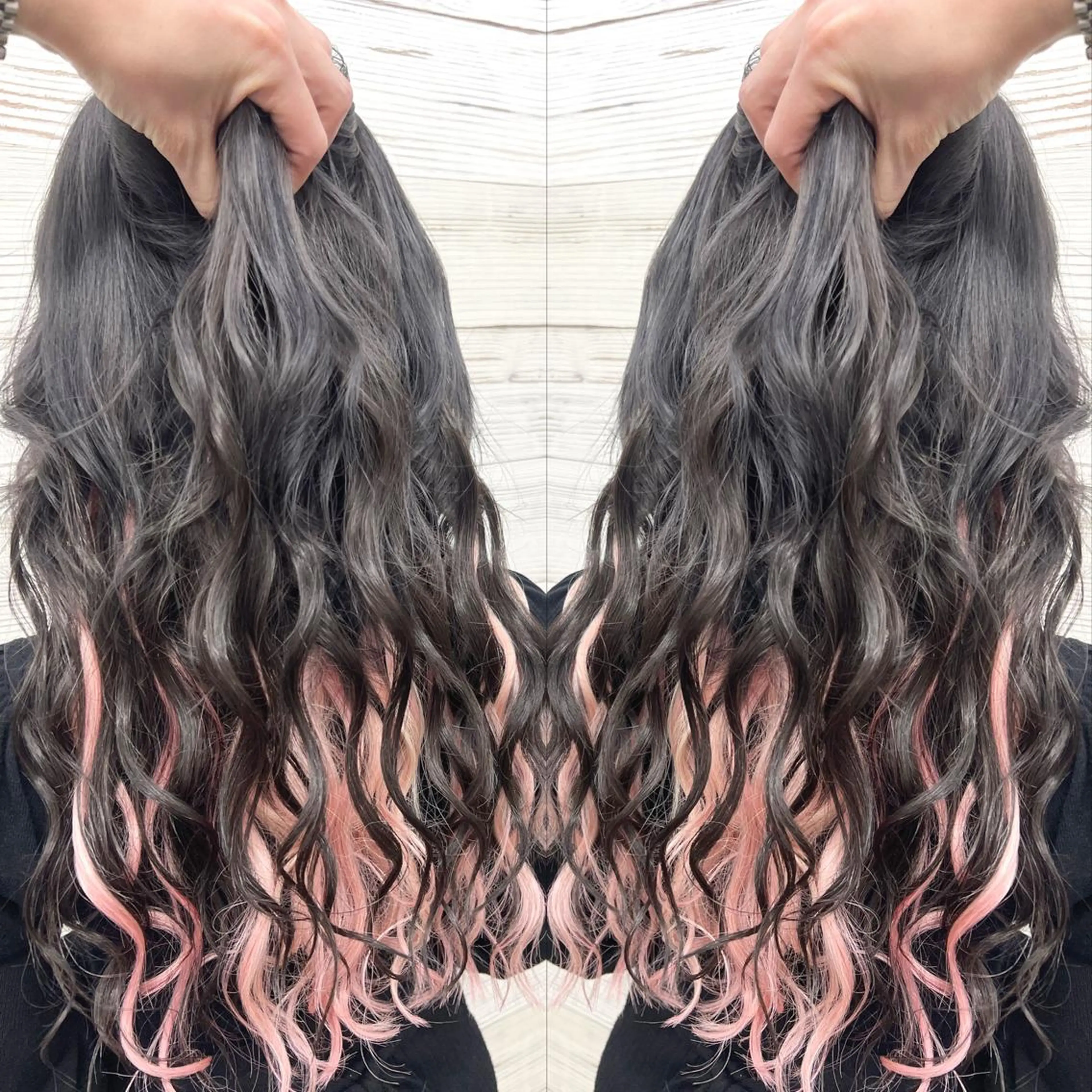 ロング カラー ヘアアレンジ 黒髪 ピンクカラー エクステ ヘアカラー エクステ 枝毛カット&髪質改善 満足NO.1岡しゃんのヘアスタイル