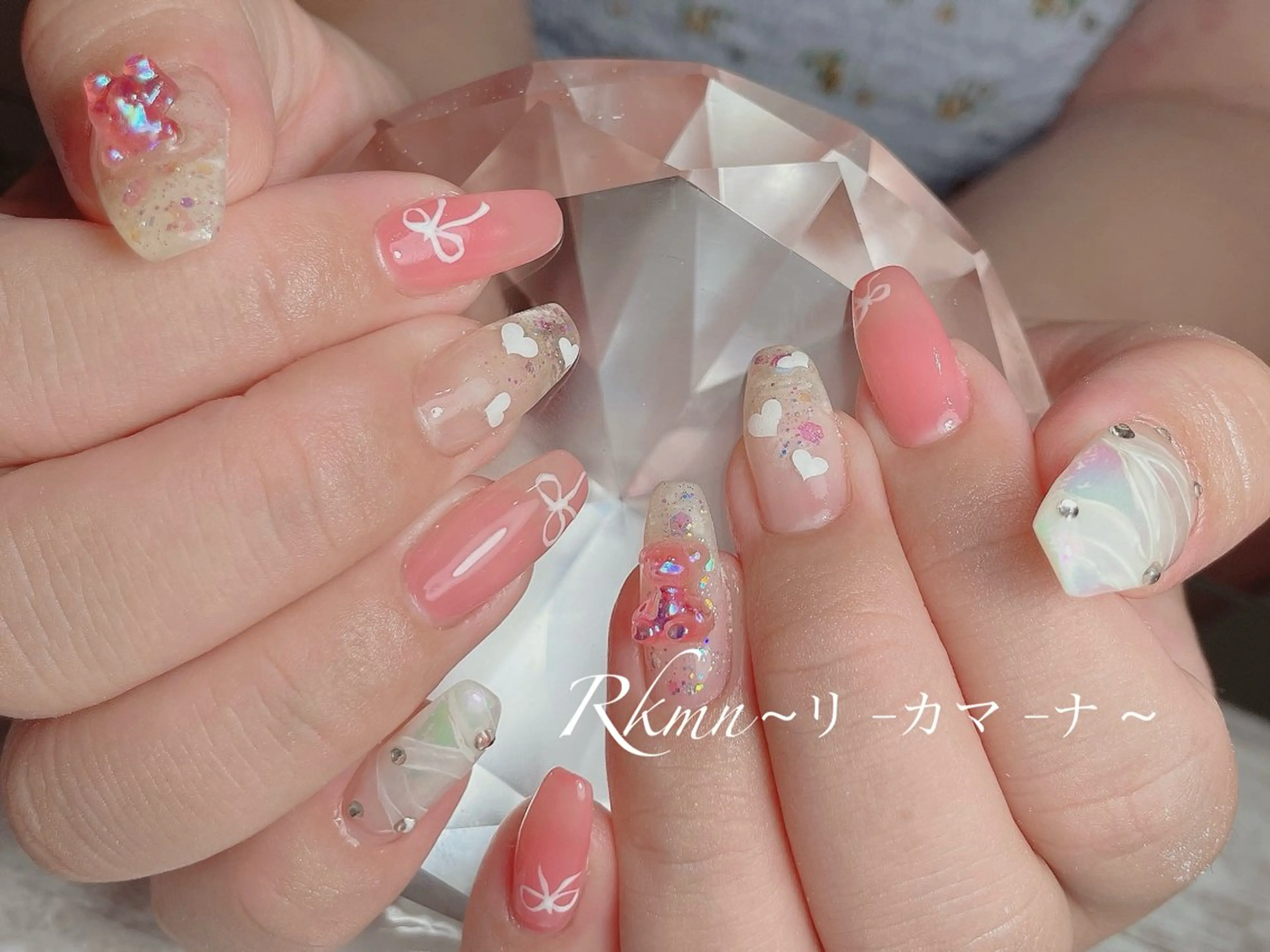 ネイル アートネイル ハート ピンク リボン 春ネイル ハンドネイル フットネイル ハンドケア Rkmn ~リ-カマ-ナ~のネイルデザイン