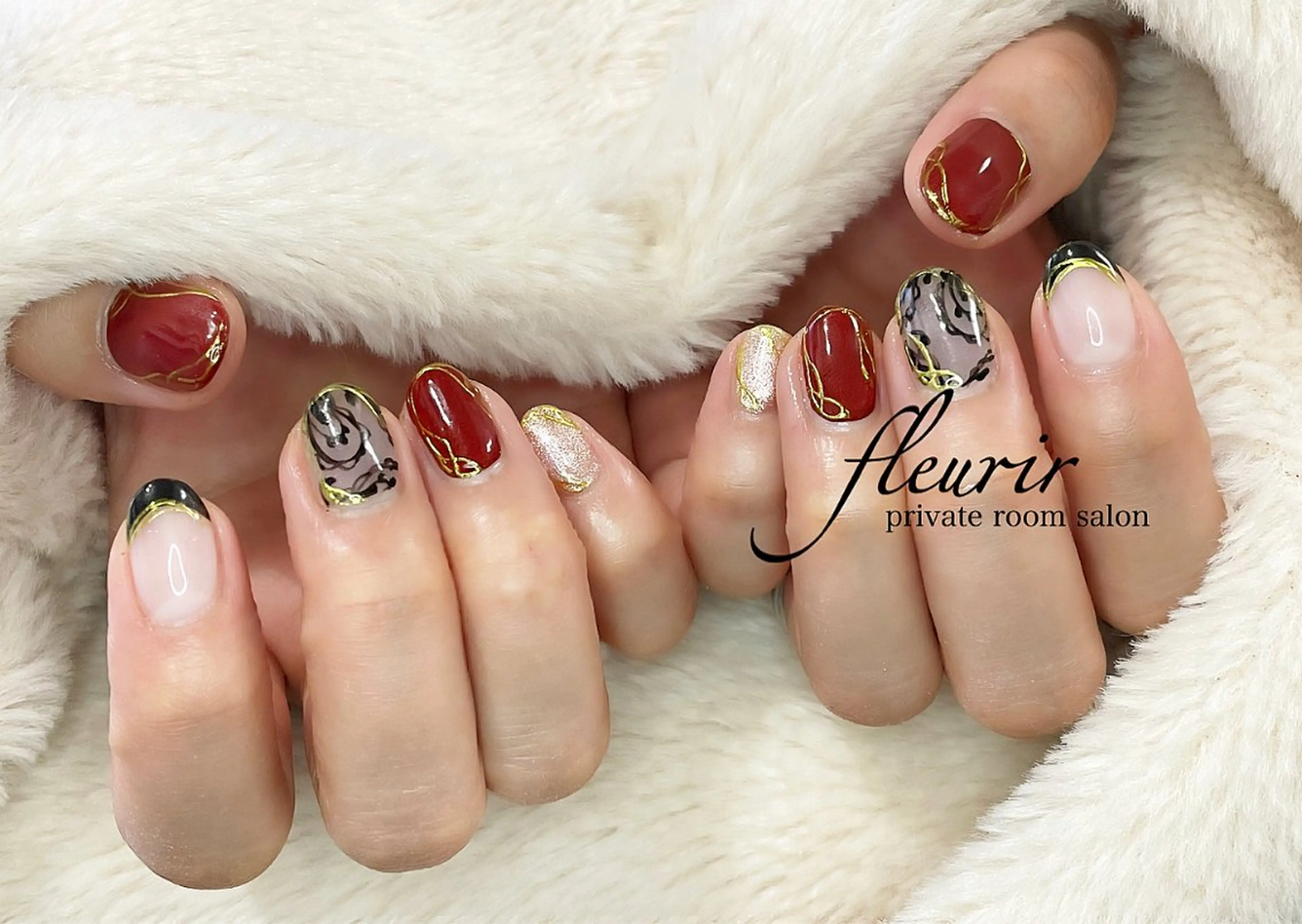 ネイル ブラウン ゴールド ミラーネイル 赤色 黄色 フルリール 【プライベートサロンのネイルデザイン