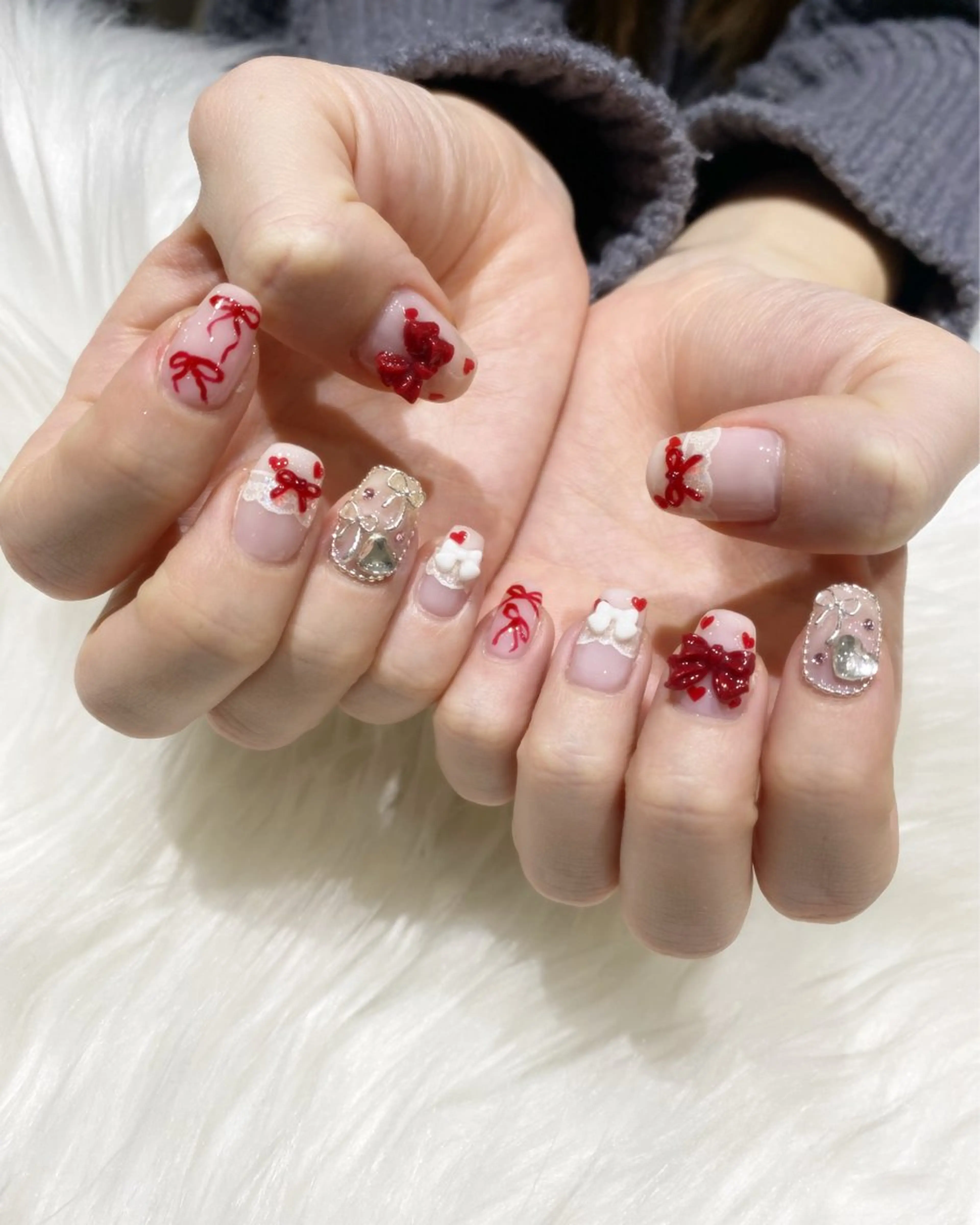 ネイル ピンク 赤色 リボン ハンドネイル SSF akihoのネイルデザイン