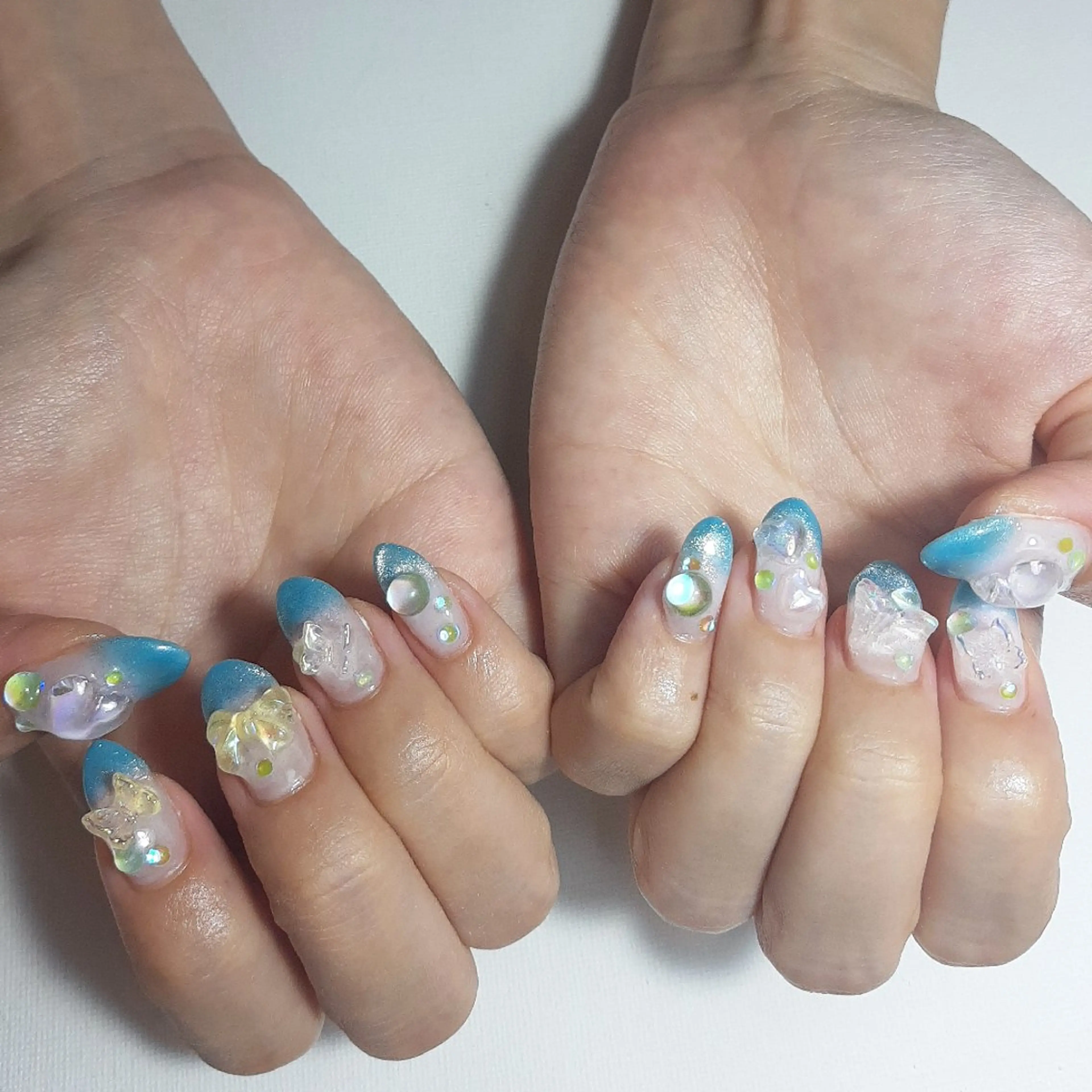ネイル ブルー ジェルネイル 持ち込み ショートネイル 夏ネイル owlnail /持込みデザイン専門のネイルデザイン