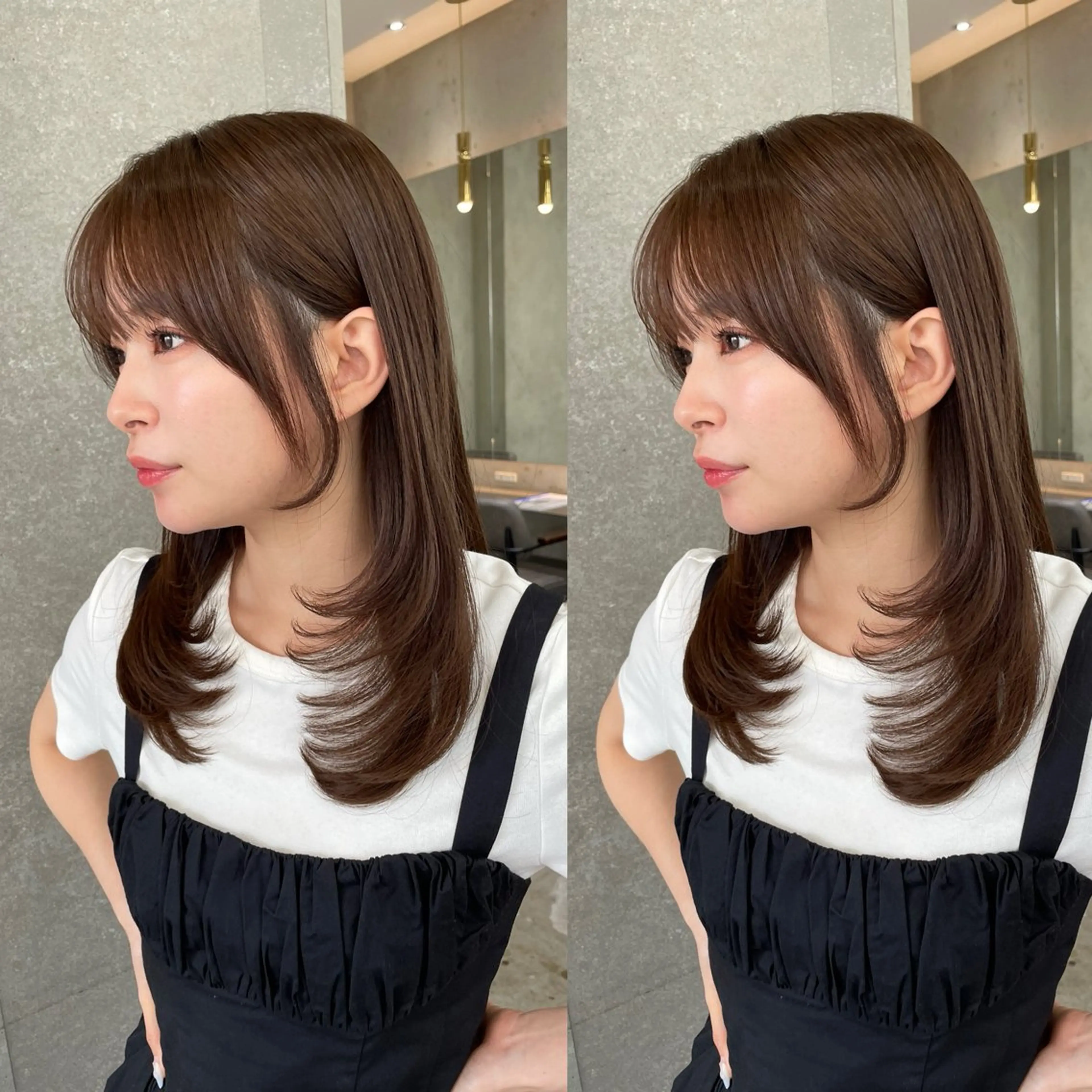 ミディアム カット ヘアカラー トリートメント 山本翔一郎 韓国顔周りレイヤーのヘアスタイル