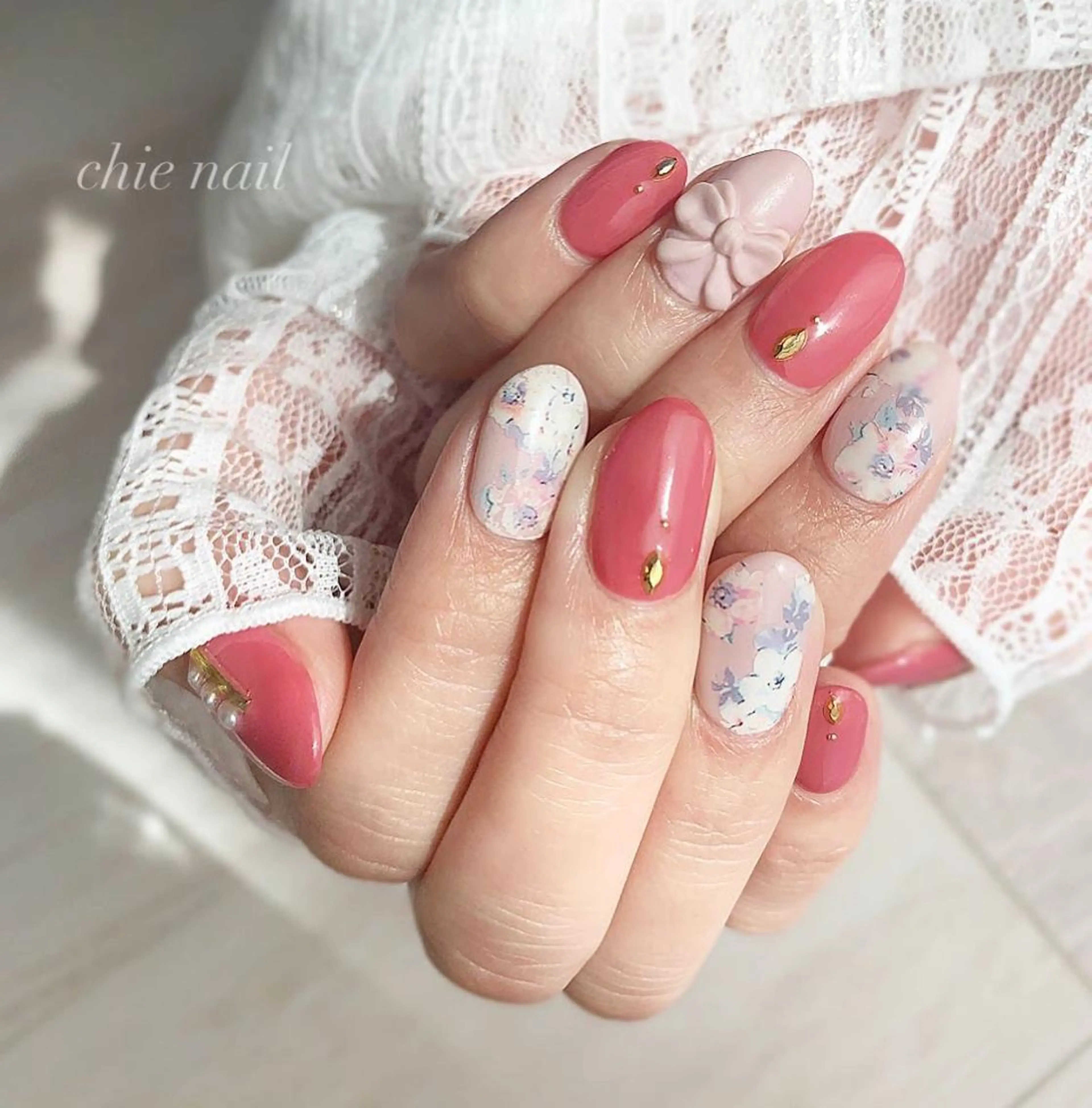 ネイル フラワーネイル ジェルネイル ニュアンスネイル リボン ハンドネイル 森ノ宮❤︎ chieのネイルデザイン