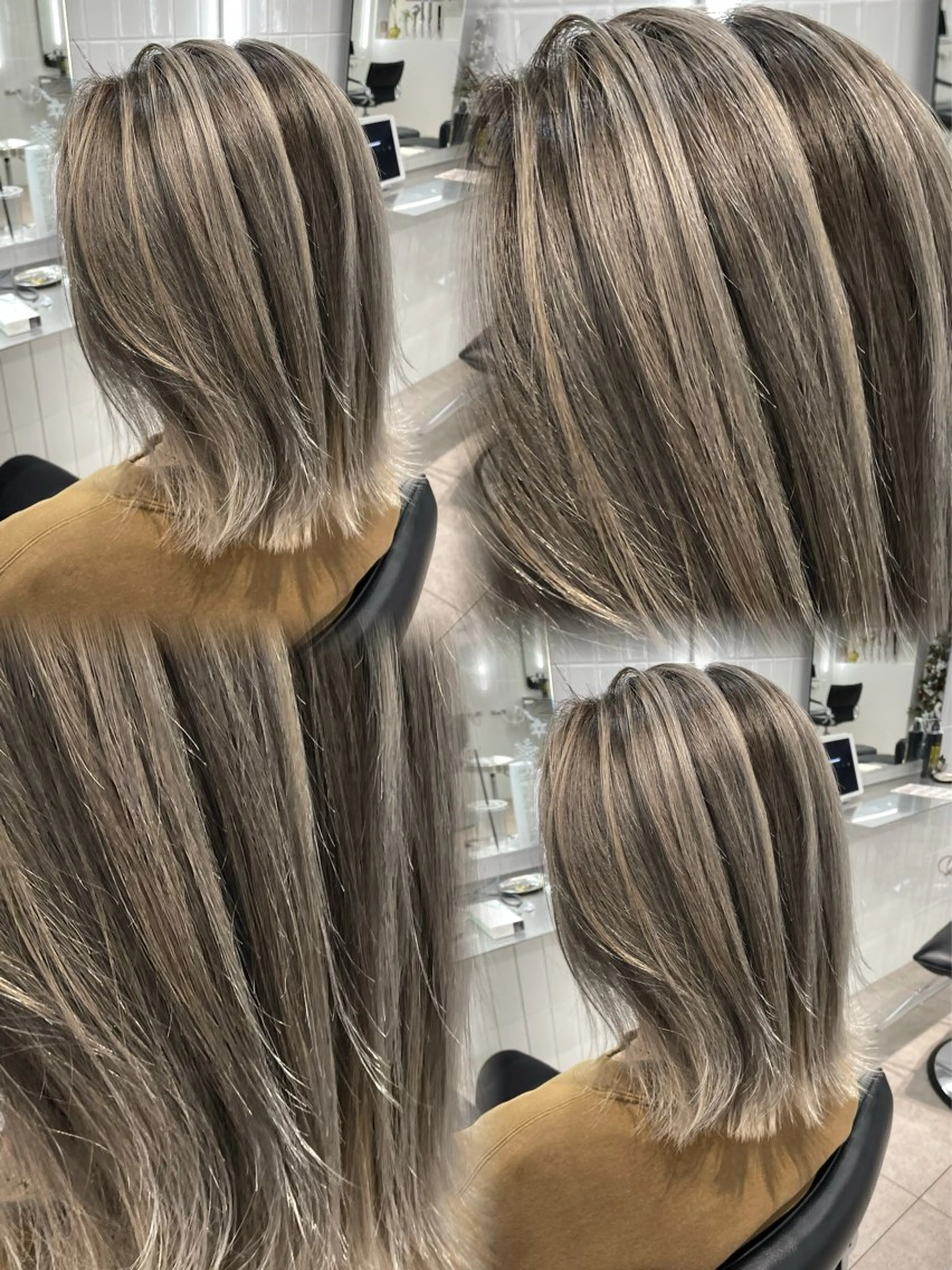 ミディアム カラー バレイヤージュ デザインカラー グラデーションカラー グレージュ レイヤーカット ヘアカラー ONYX 表参道所属・表参道/ハイライト 髪質改善ストレートのヘアスタイル