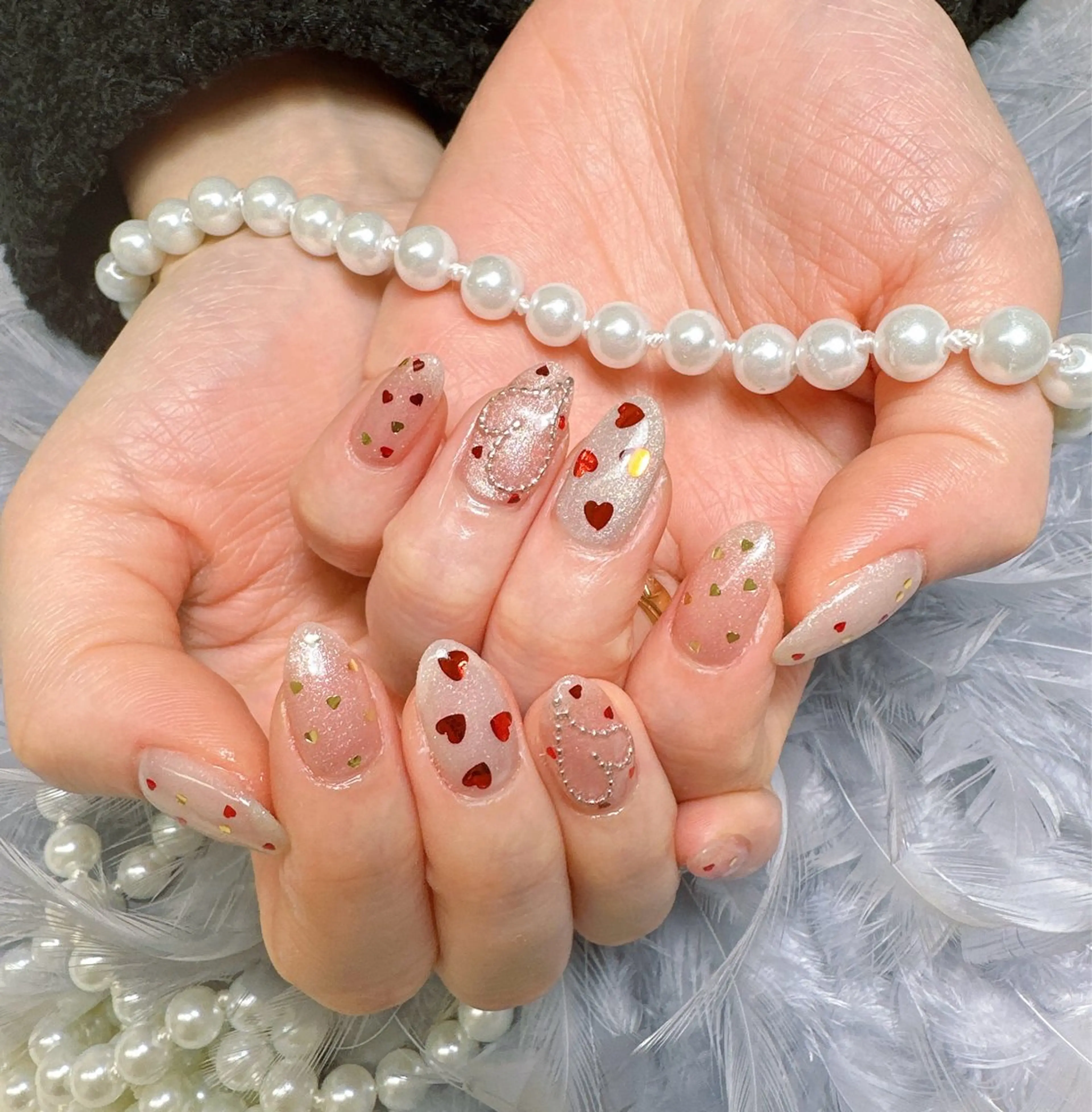 ネイル ハート リボン バレンタイン ハンドネイル Pretty Nail Salon     　(ジェル&ケア)所属・Pretty Nail Salonのネイルデザイン