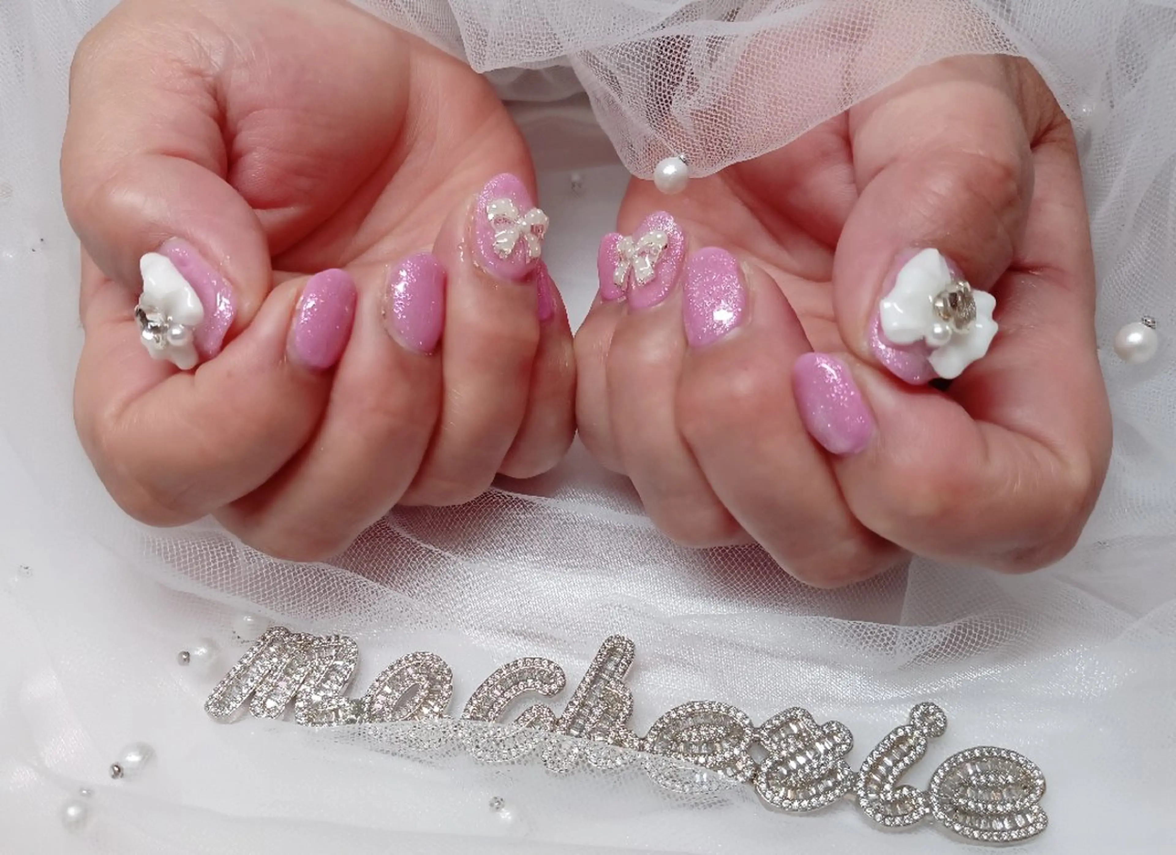 ネイル ピンク リボン ハンドネイル Nail Salon macherieのネイルデザイン