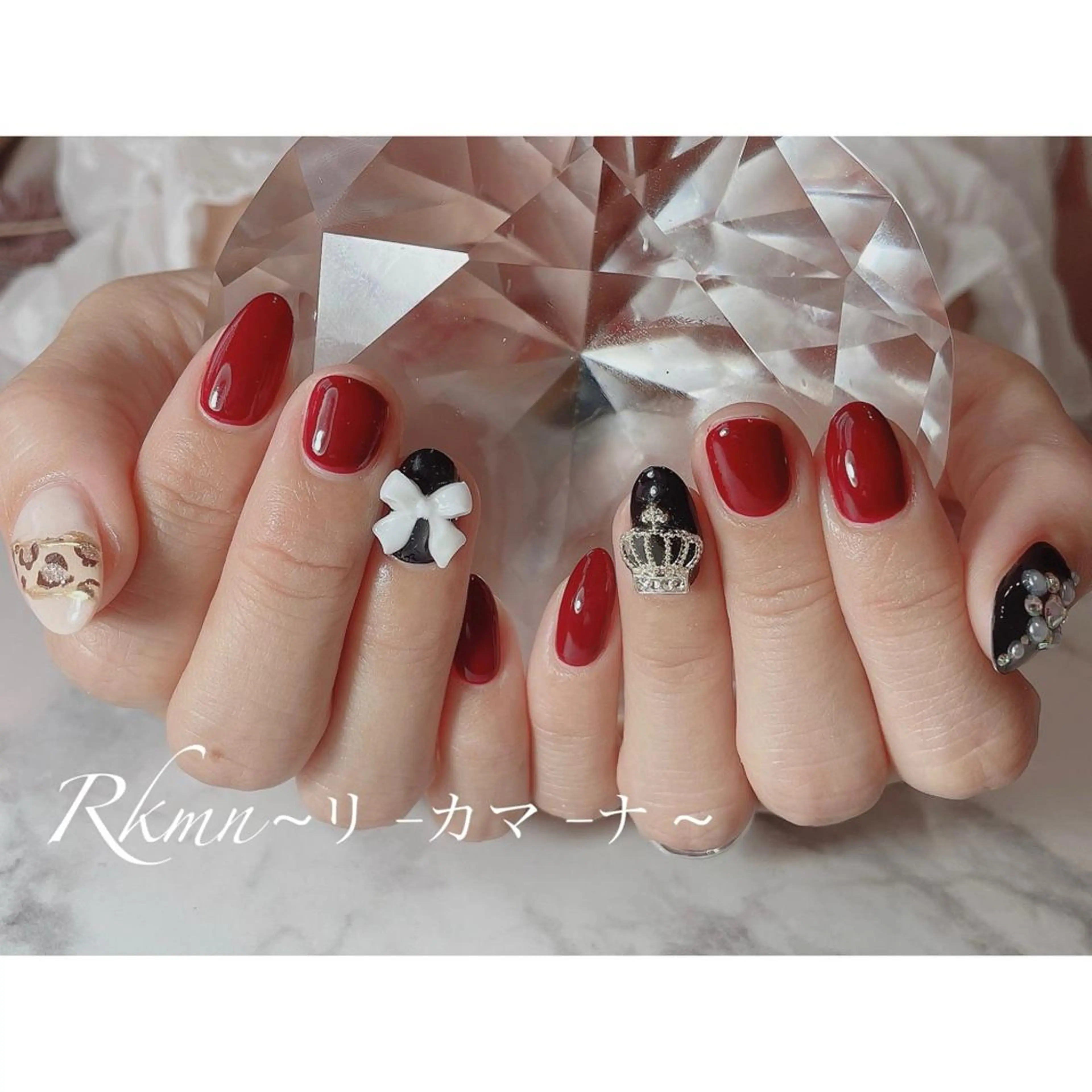 ネイル アニマル柄 アートネイル ボルドー リボン 春ネイル ハンドネイル フットネイル ハンドケア Rkmn ~リ-カマ-ナ~のネイルデザイン