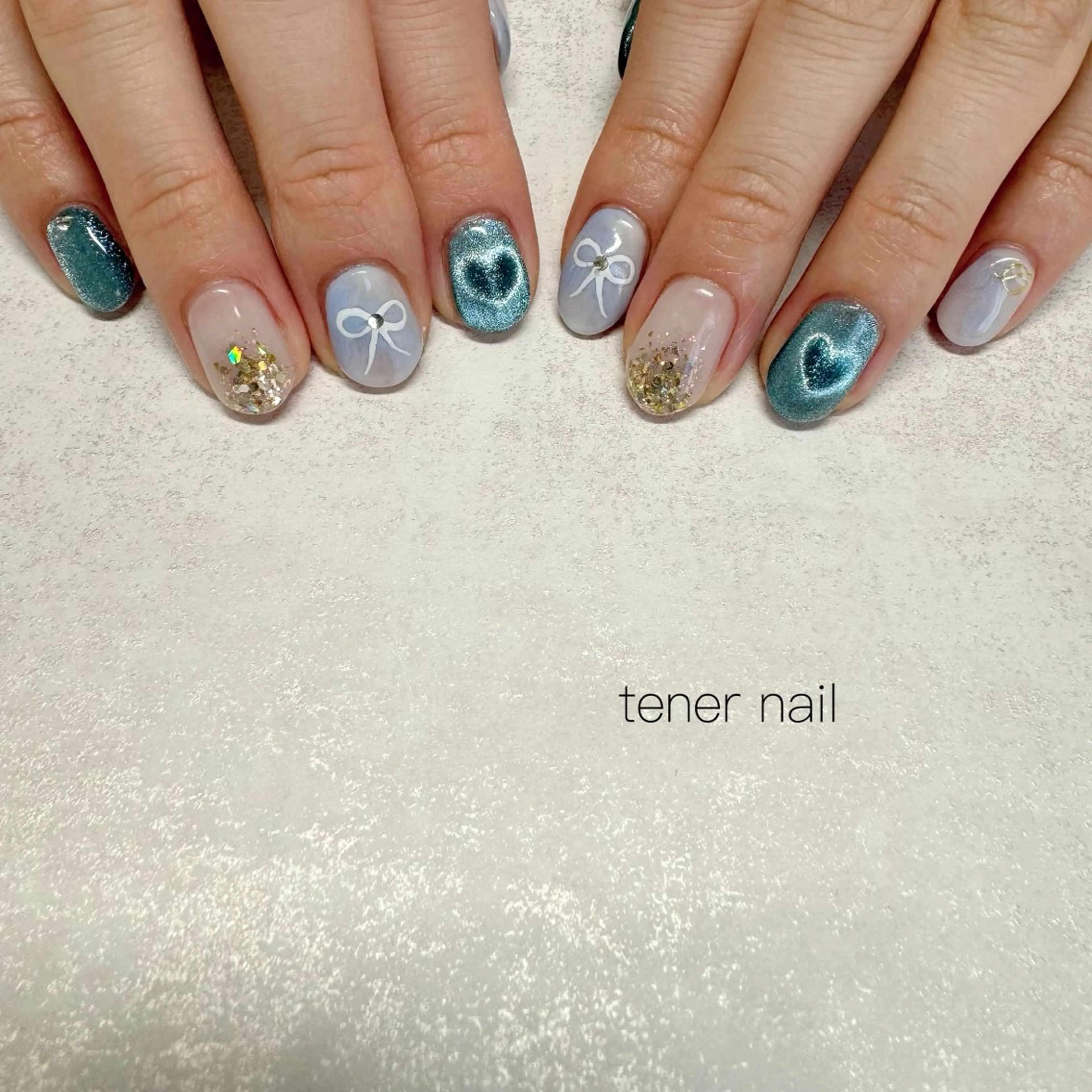 ネイル ハート マグネットネイル リボン ハンドネイル tener  nail  テネルネイル所属・テネルネイル tener nailのネイルデザイン
