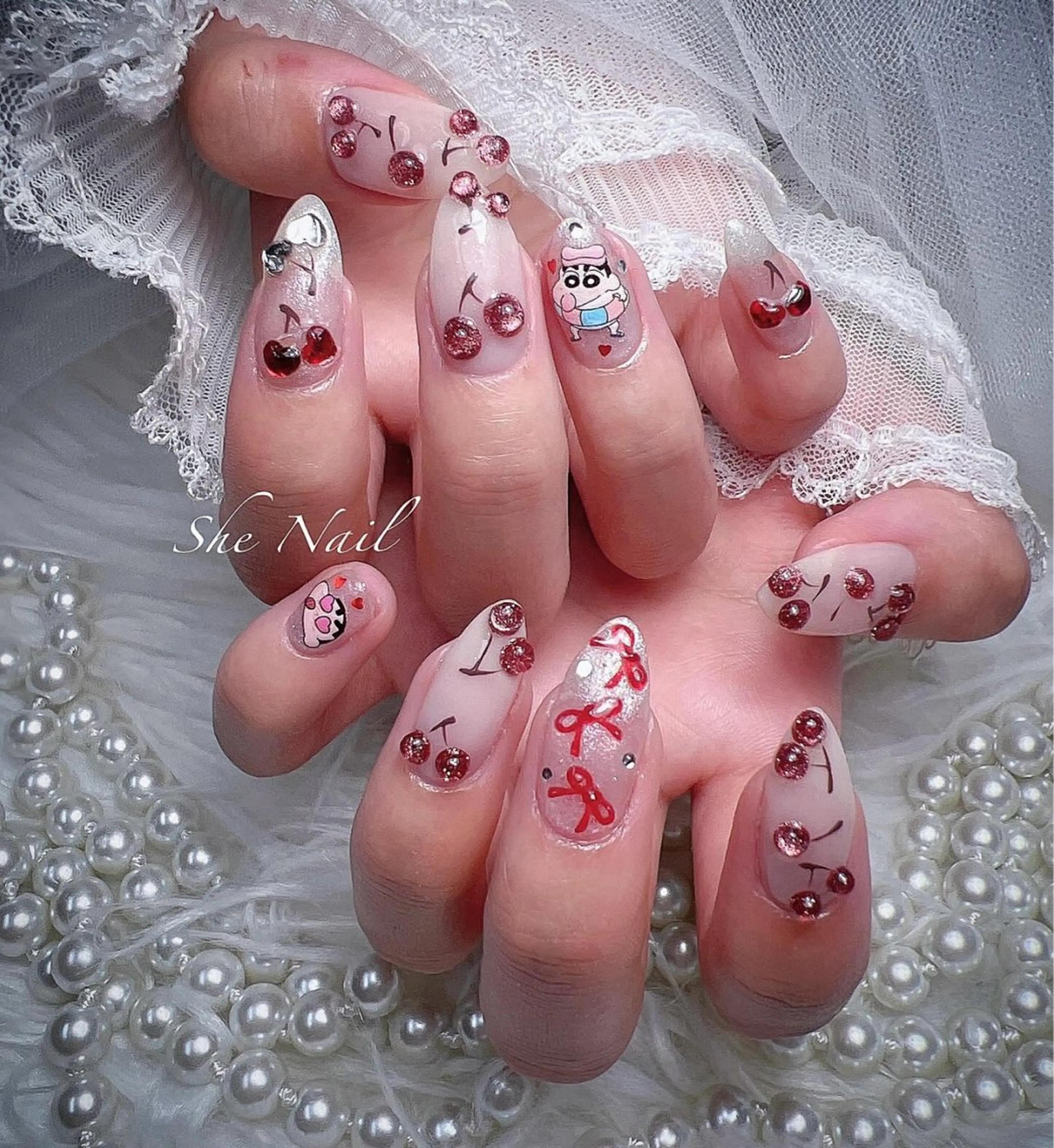 ネイル チークネイル 長さ出し フレンチネイル ガラスフレンチ キラキラネイル ハンドネイル She   Nail所属・ISA_ BELLAのネイルデザイン