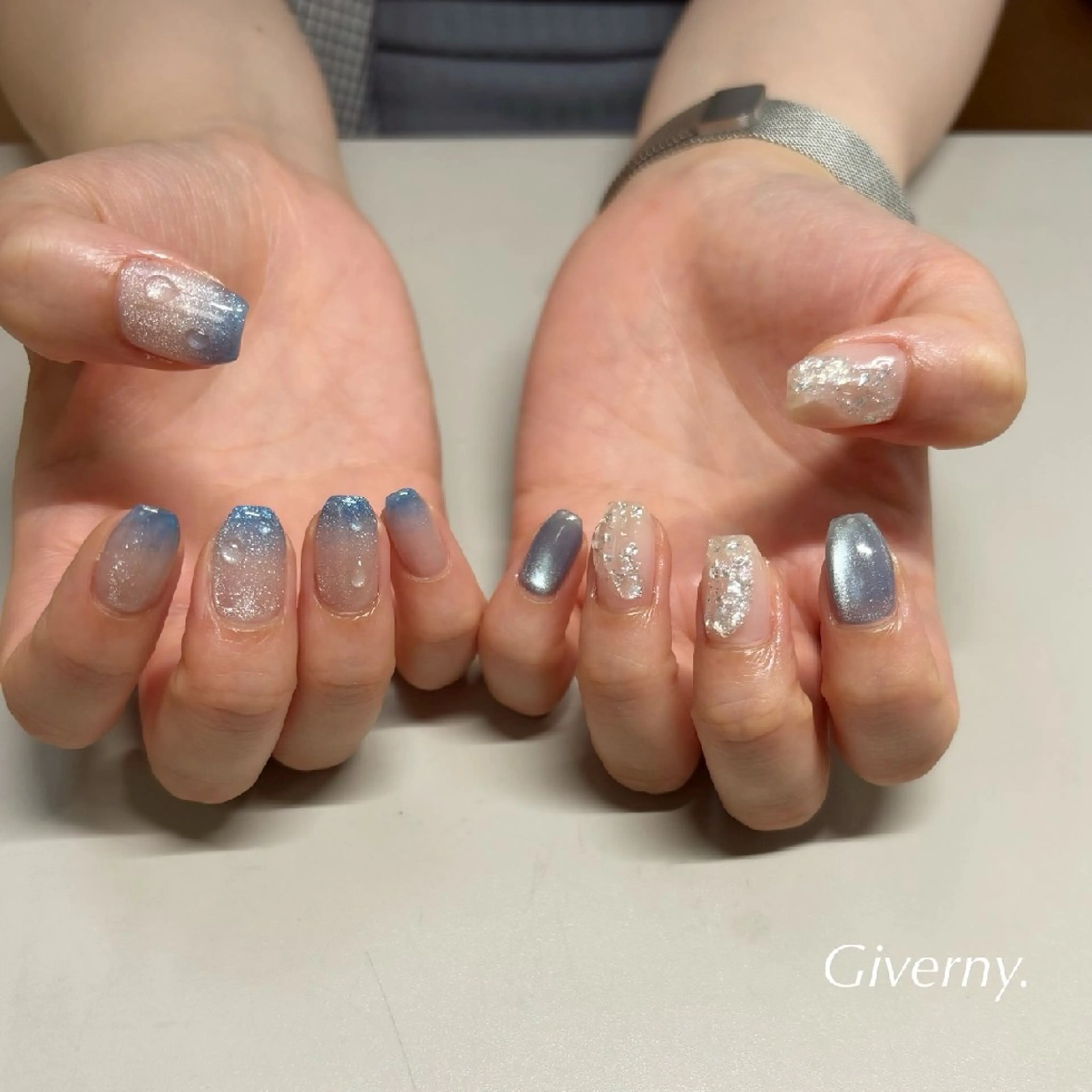 ネイル ブルー 夏ネイル ハンドネイル Giverny .のネイルデザイン