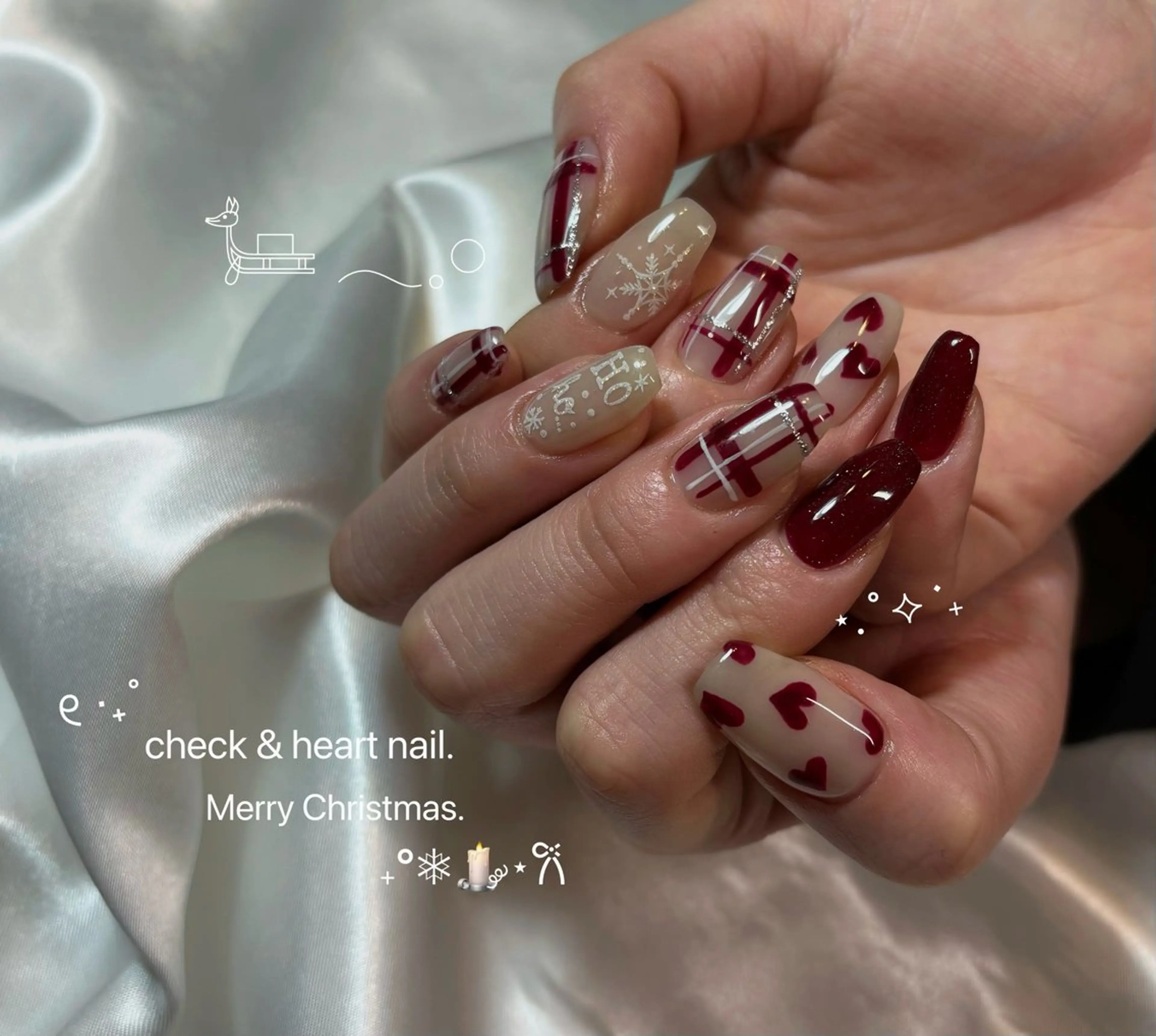 ネイル アートネイル ボルドー ガーリー ハート 韓国ネイル Chat　noir所属・【chatnoir】 MIYUのネイルデザイン