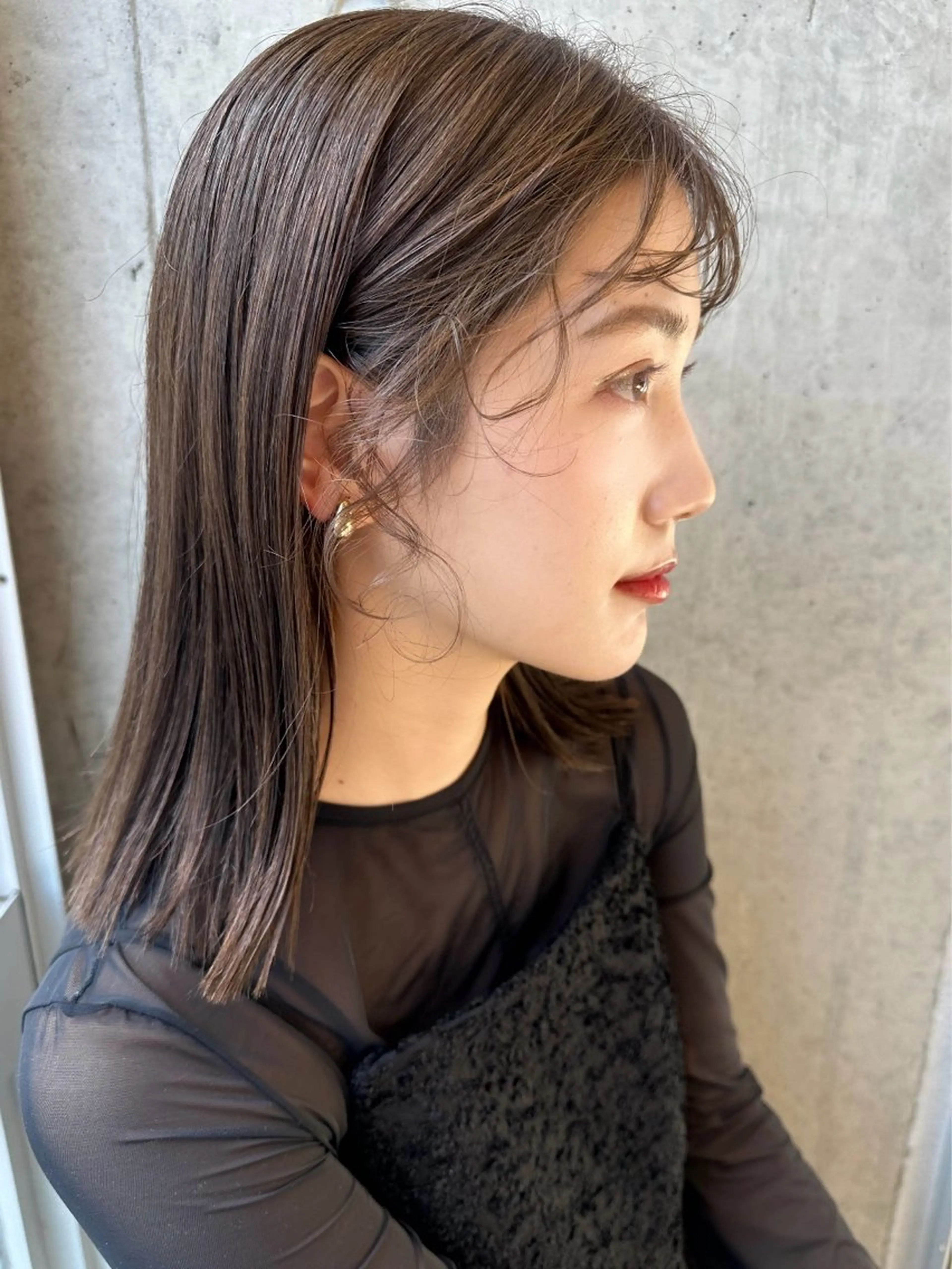 ミディアム カラー パーマ 透明感カラー 顔周りカット 似合わせカット 園田あずさ/髪質改善 /透明感カラーのヘアスタイル