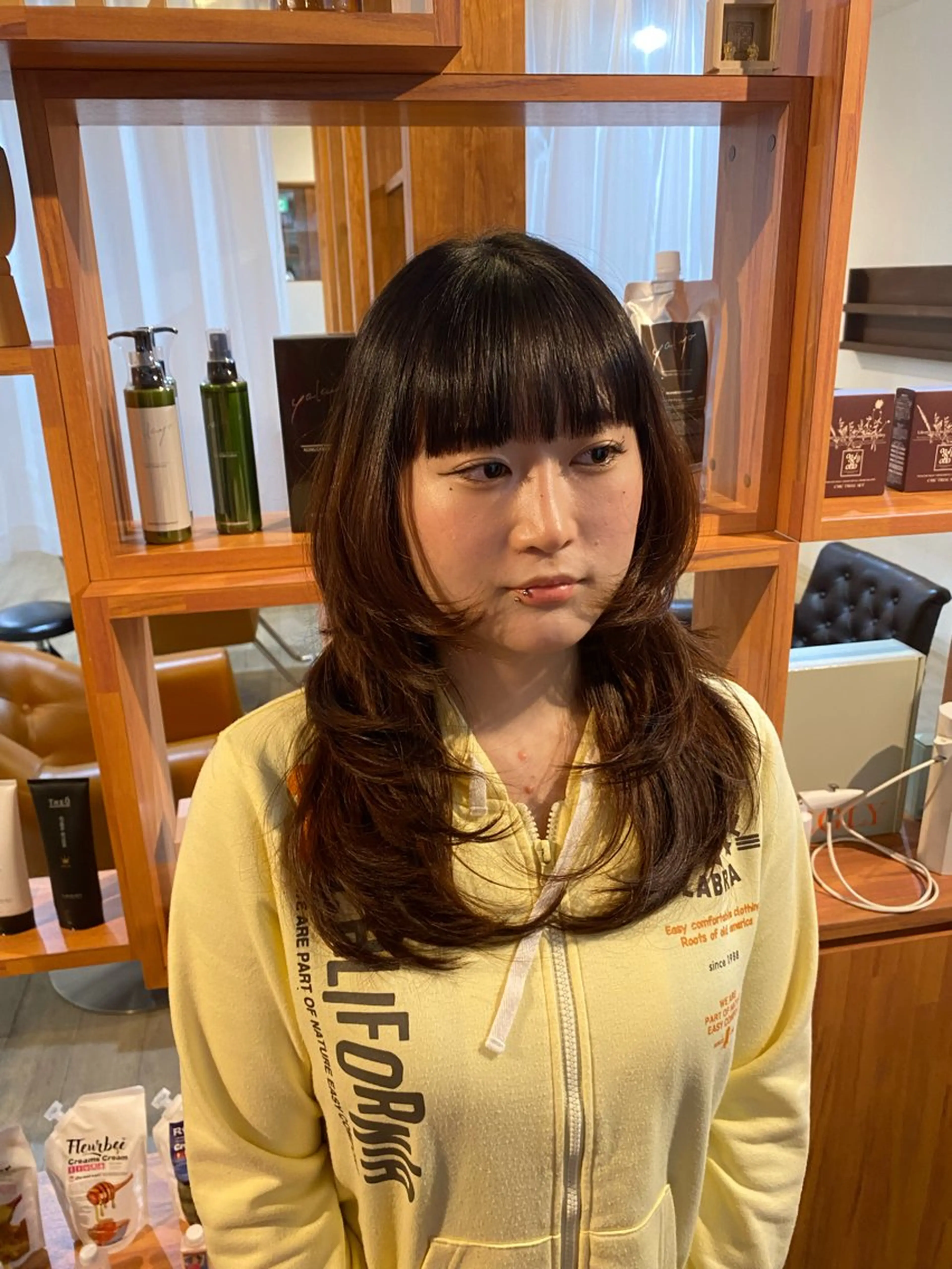 セミロング カラー ブラウンカラー ダークブラウン ハッシュカット カット ヘアカラー トリートメント 縮毛矯正とレイヤー カット/杉村凜汰郎のヘアスタイル