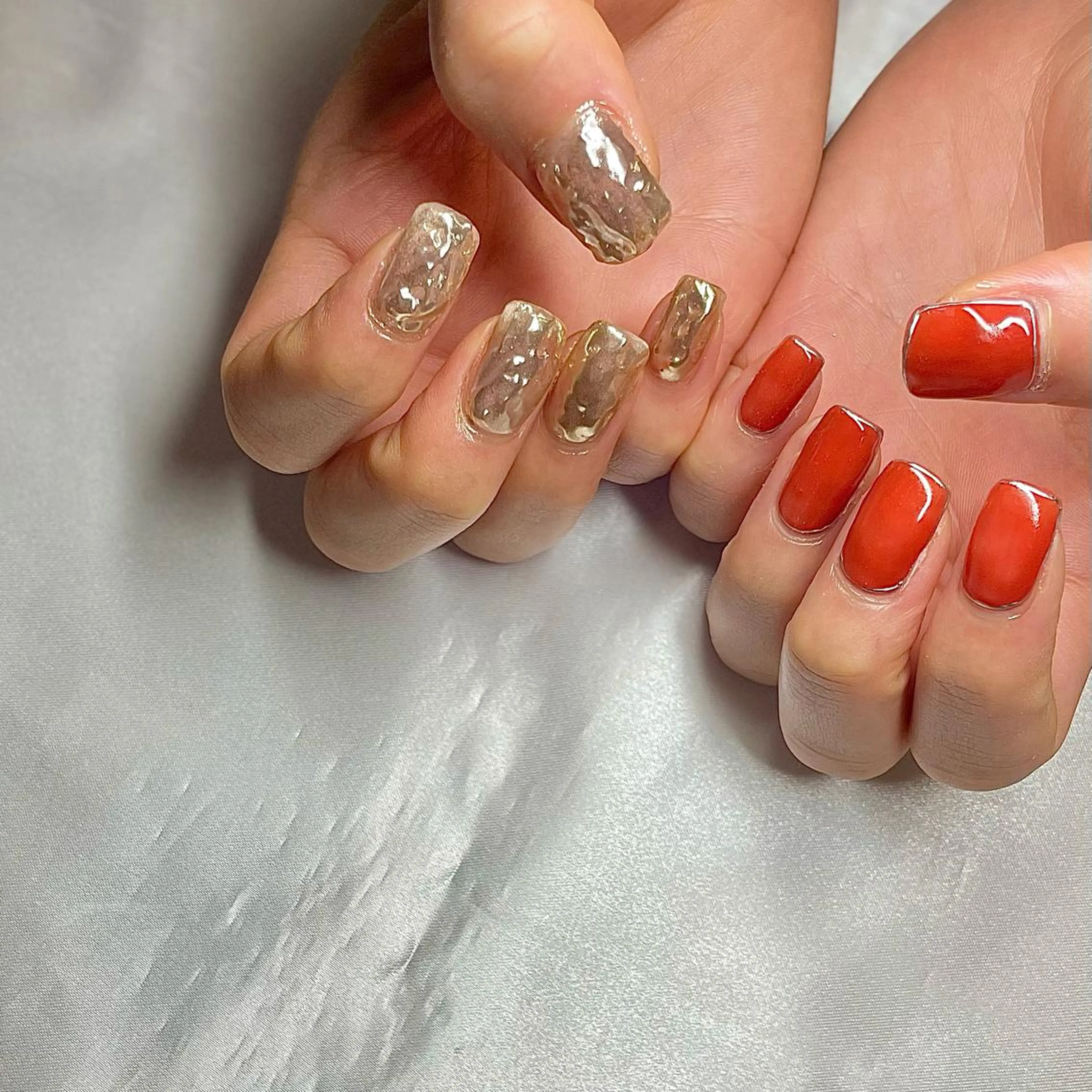 ミディアム カラー パーマ ヘアアレンジ メンズ キッズ ネイル マツエク・マツパ オレンジ テラコッタ カラーマツエク ミラーネイル オレンジ nail&eye Aoのマツエク・マツパデザイン