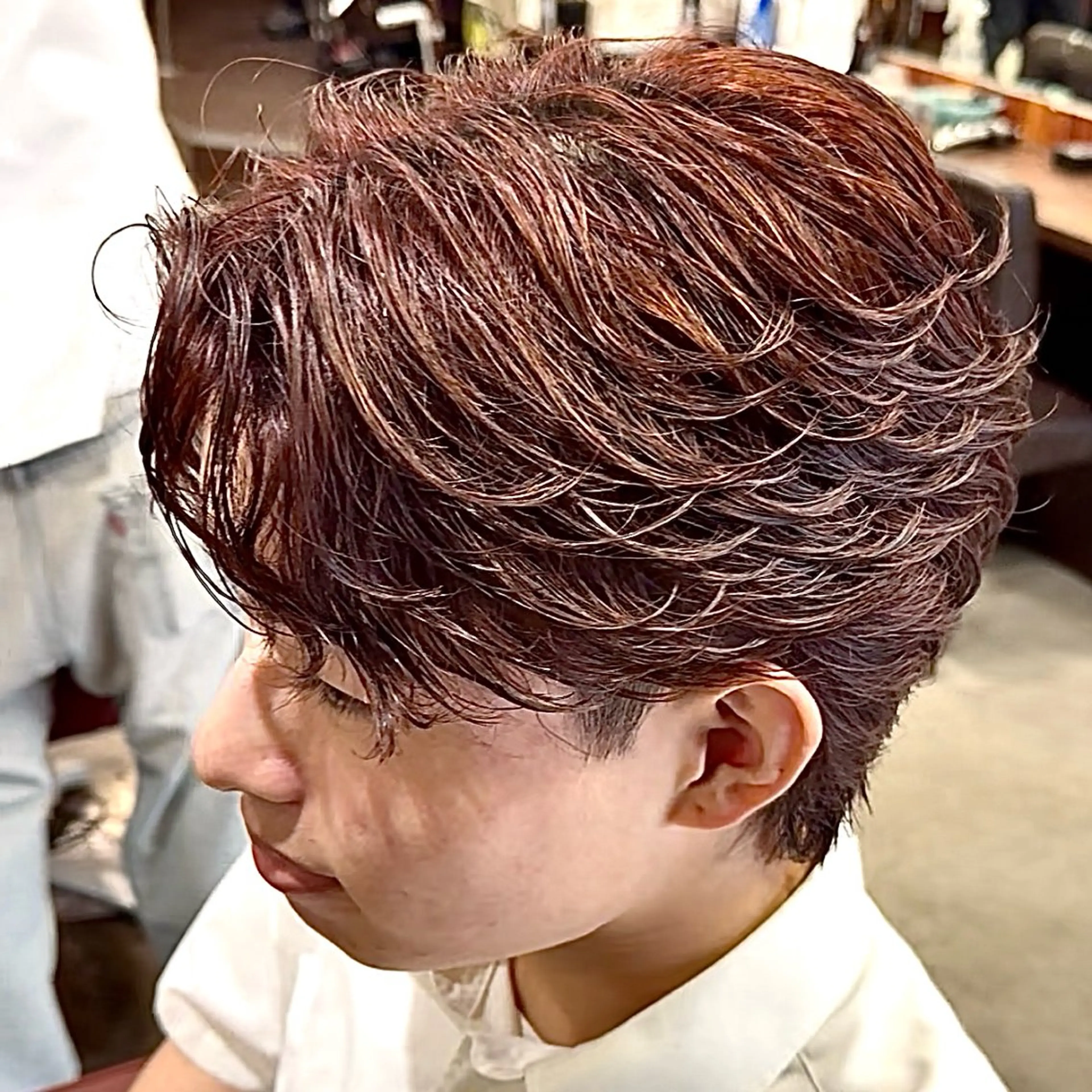 カラー パーマ メンズ フェザーパーマ メンズパーマ レッドカラー カット ヘアカラー パーマ メンズカット/パーマ /ハイライト/RYUのヘアスタイル